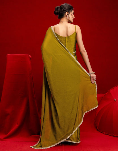 Olive Green Crush Silk Pearl Lace Saree