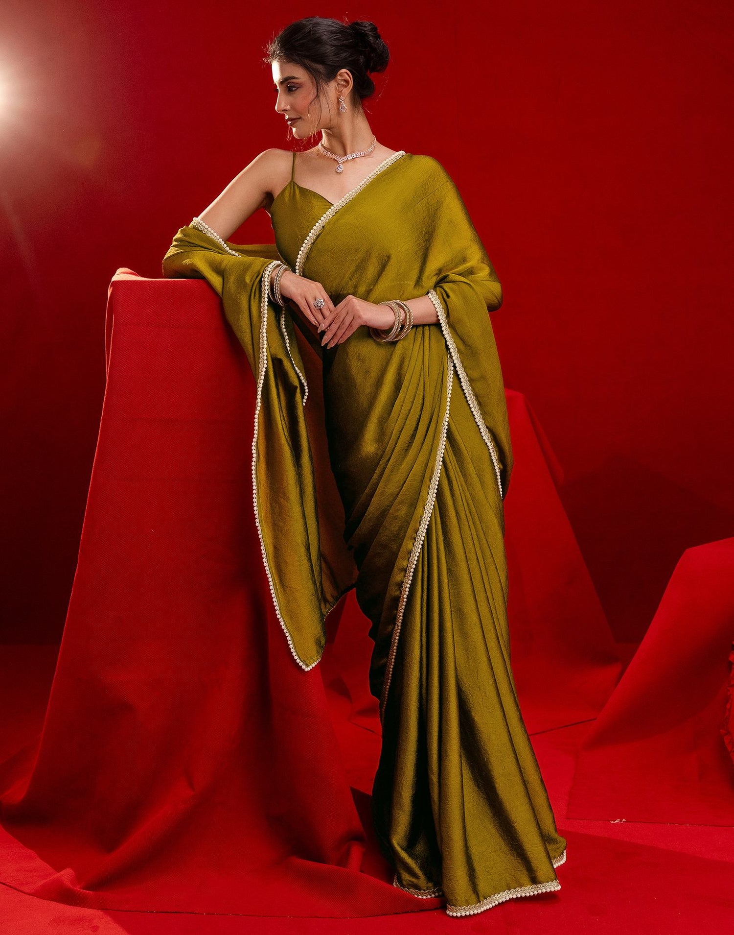Olive Green Crush Silk Pearl Lace Saree