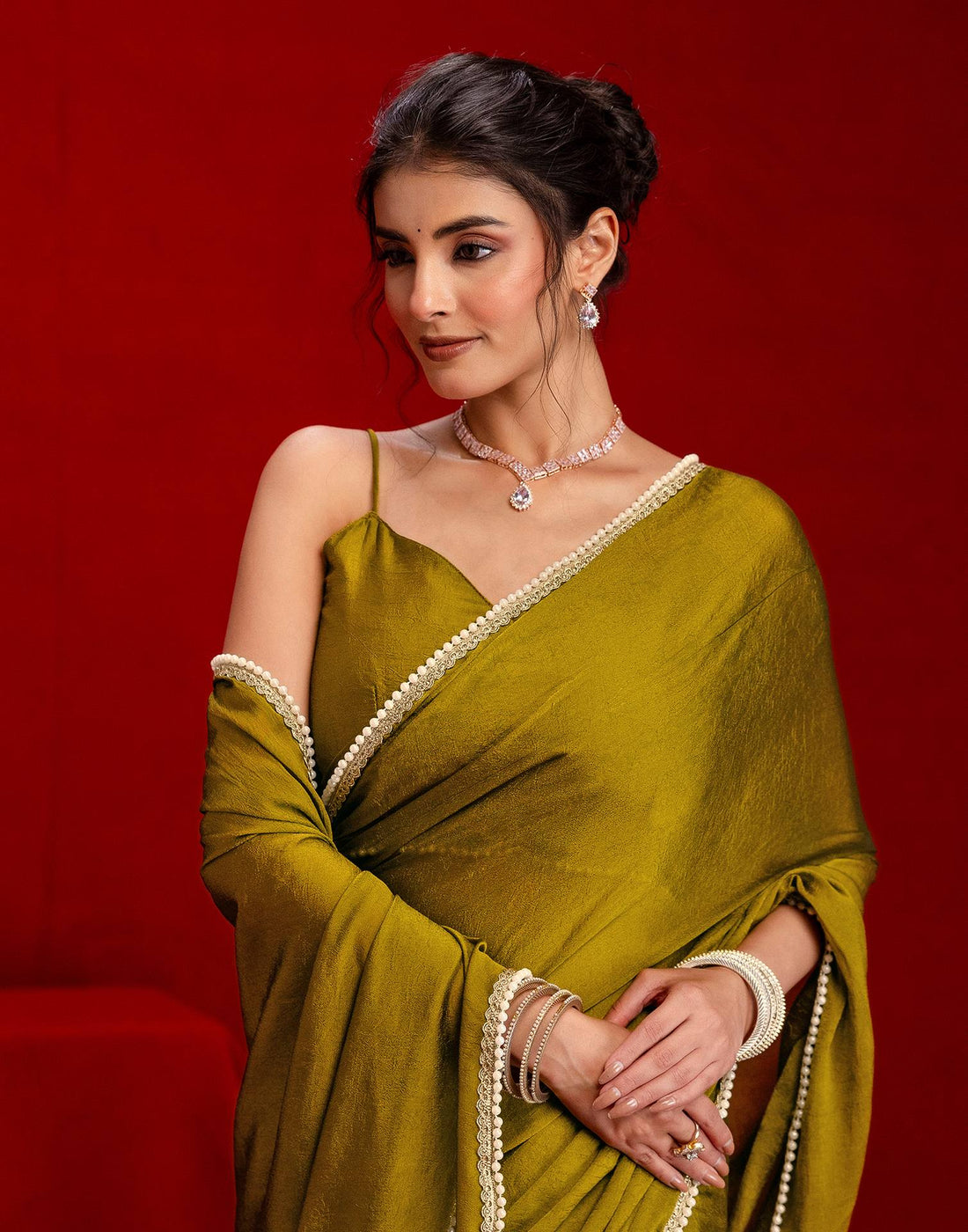 Olive Green Crush Silk Pearl Lace Saree