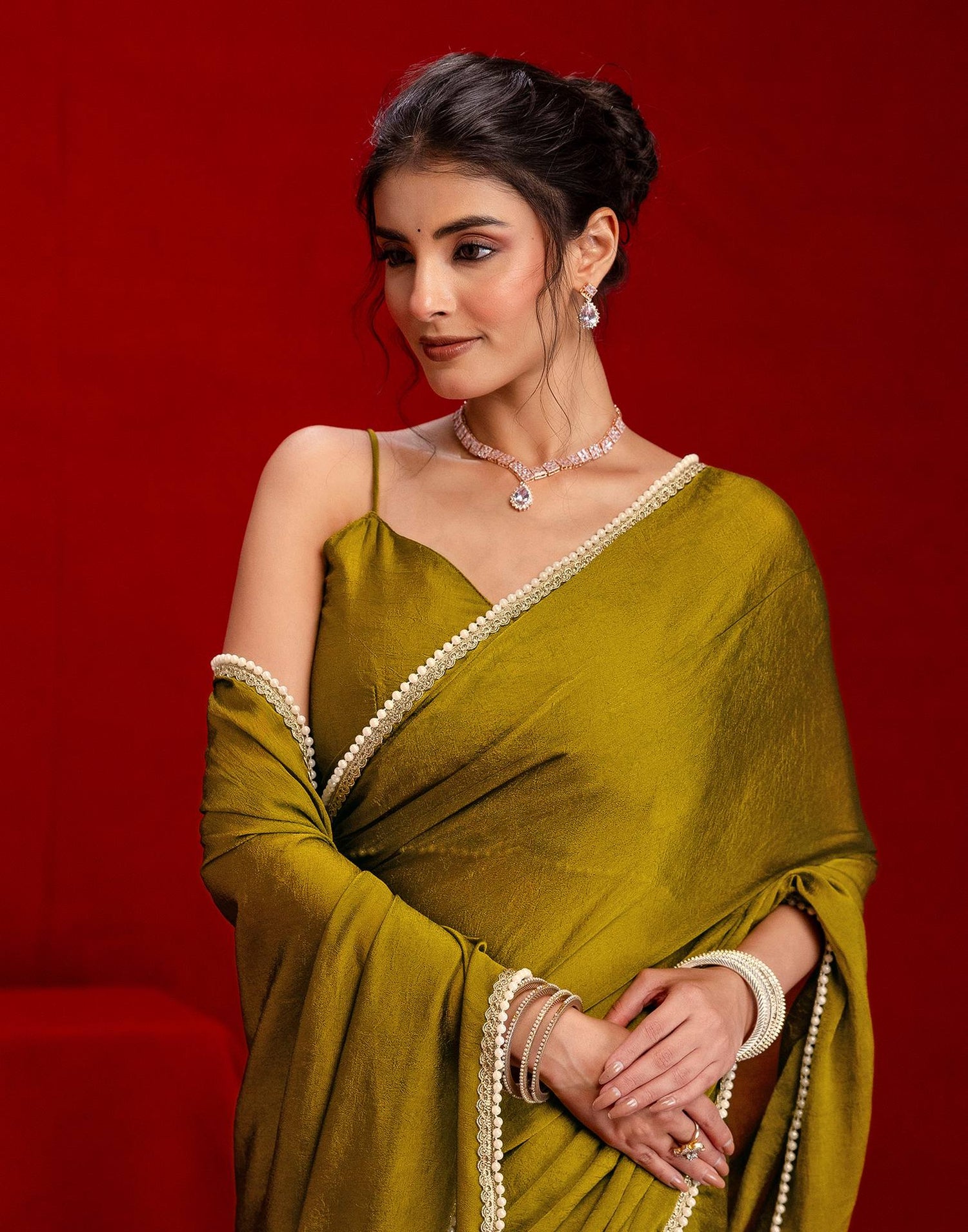Olive Green Crush Silk Pearl Lace Saree