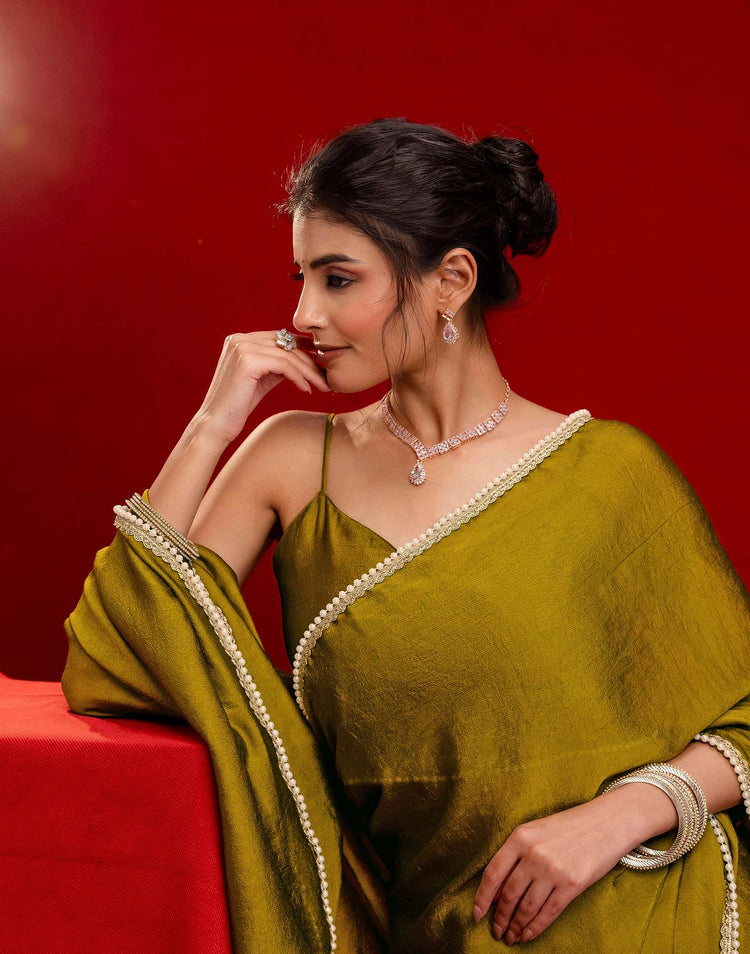 Olive Green Crush Silk Pearl Lace Saree