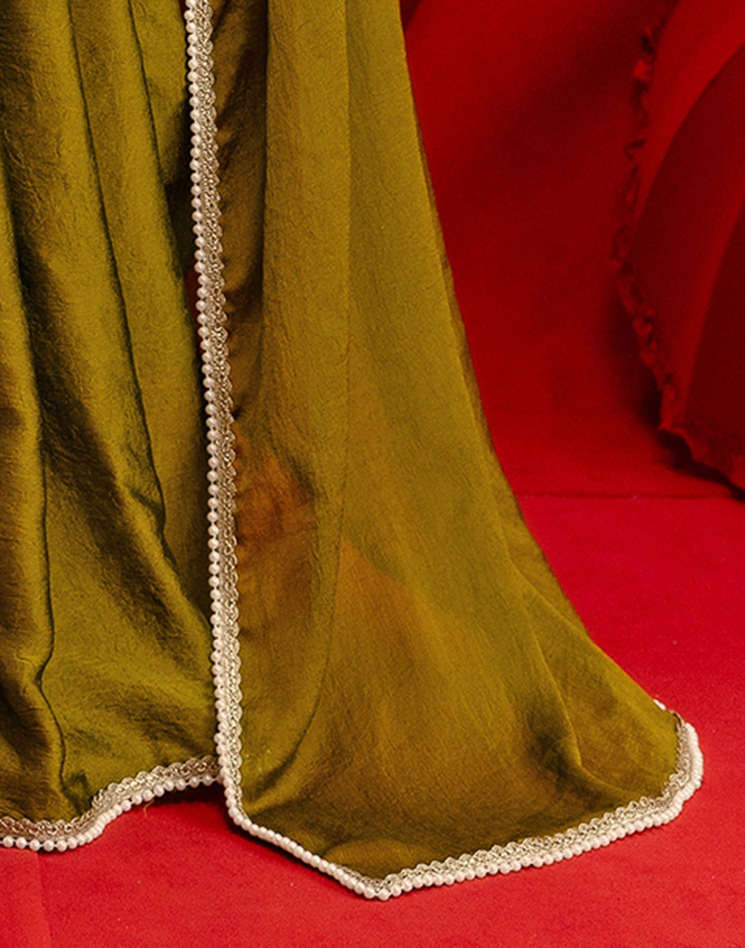 Olive Green Crush Silk Pearl Lace Saree
