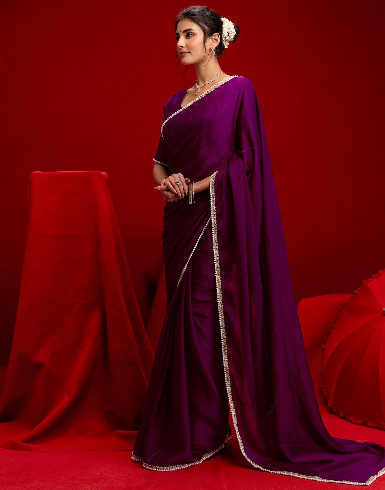 Wine Crush Silk Pearl Lace Saree