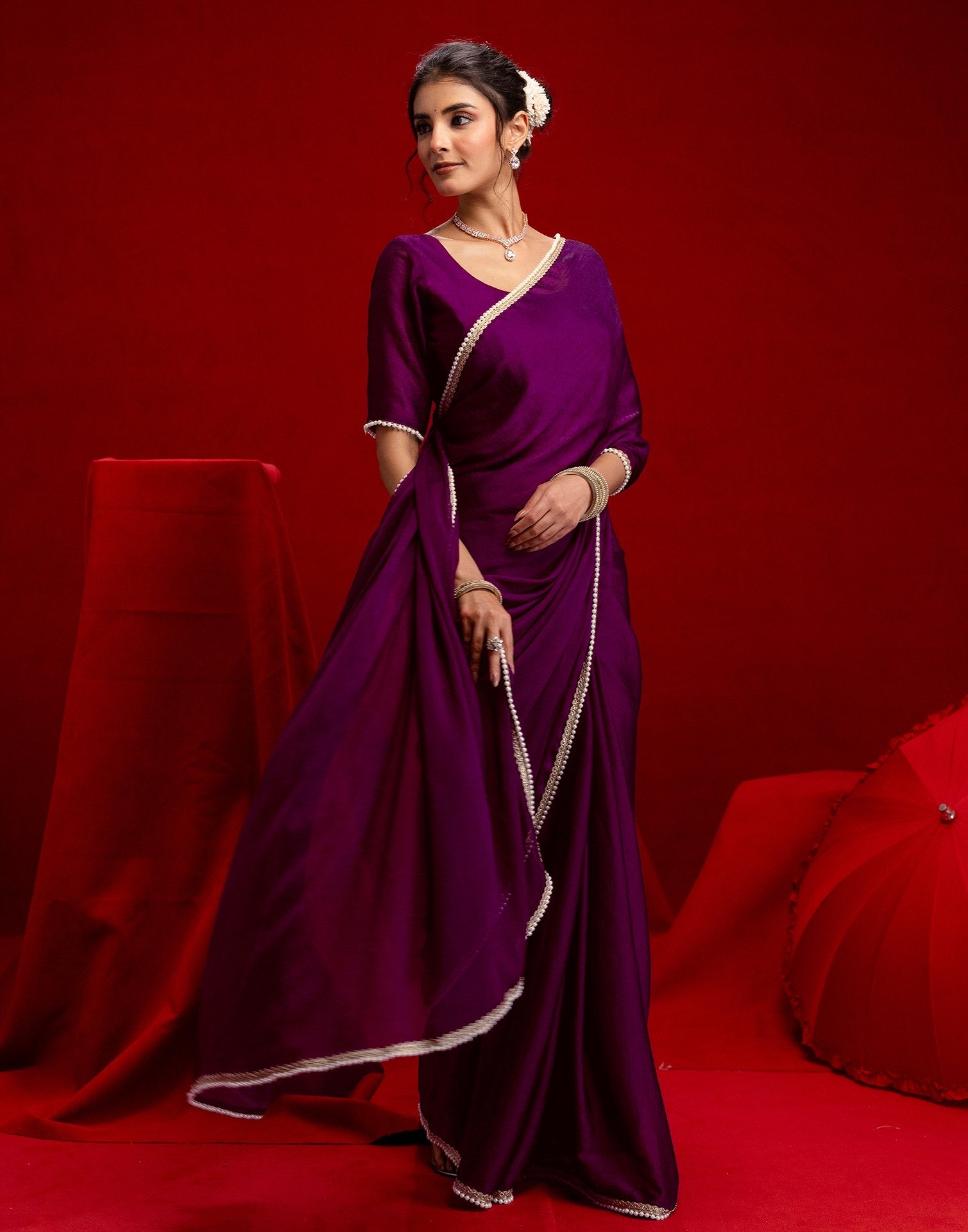 Wine Crush Silk Pearl Lace Saree