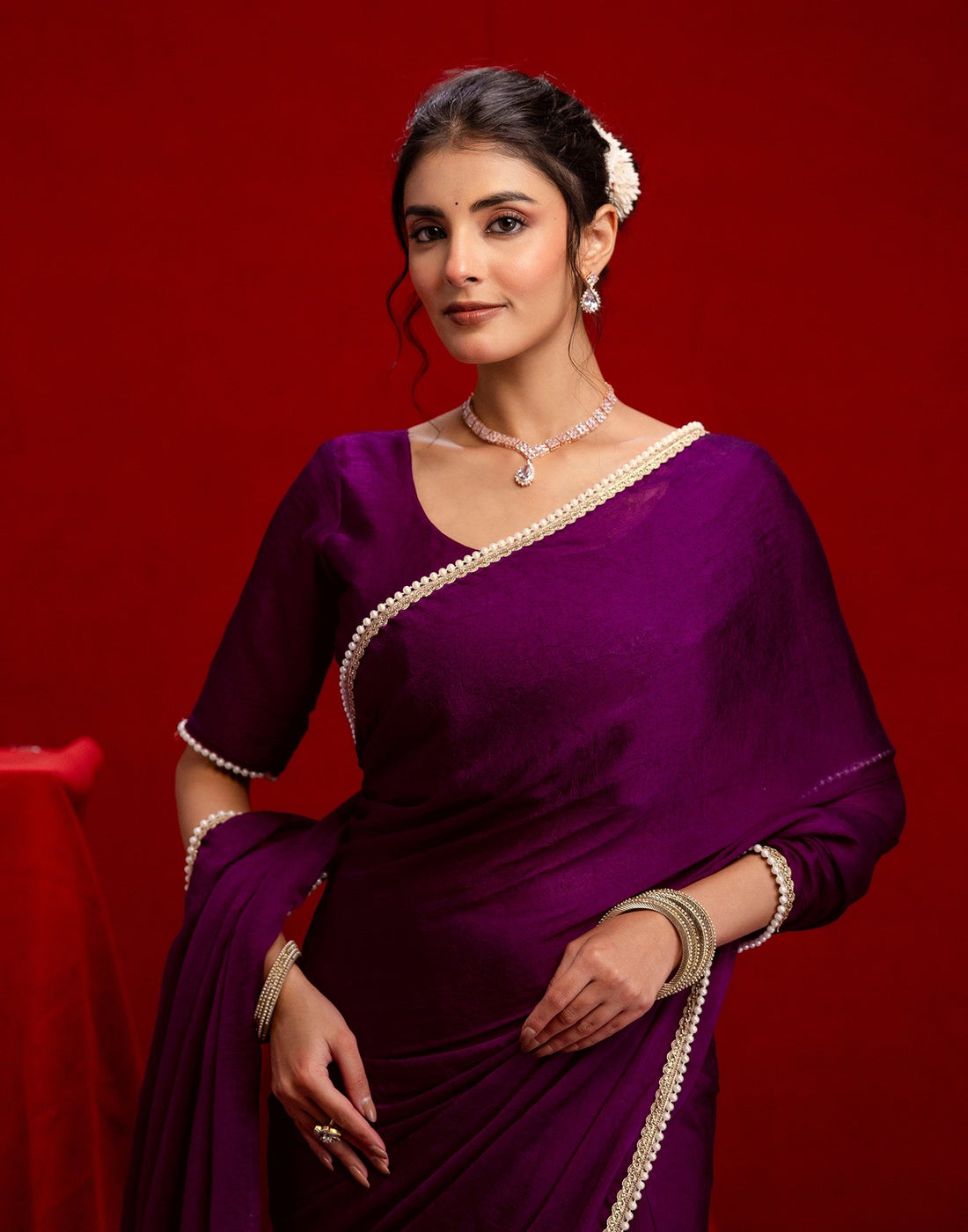 Wine Crush Silk Pearl Lace Saree