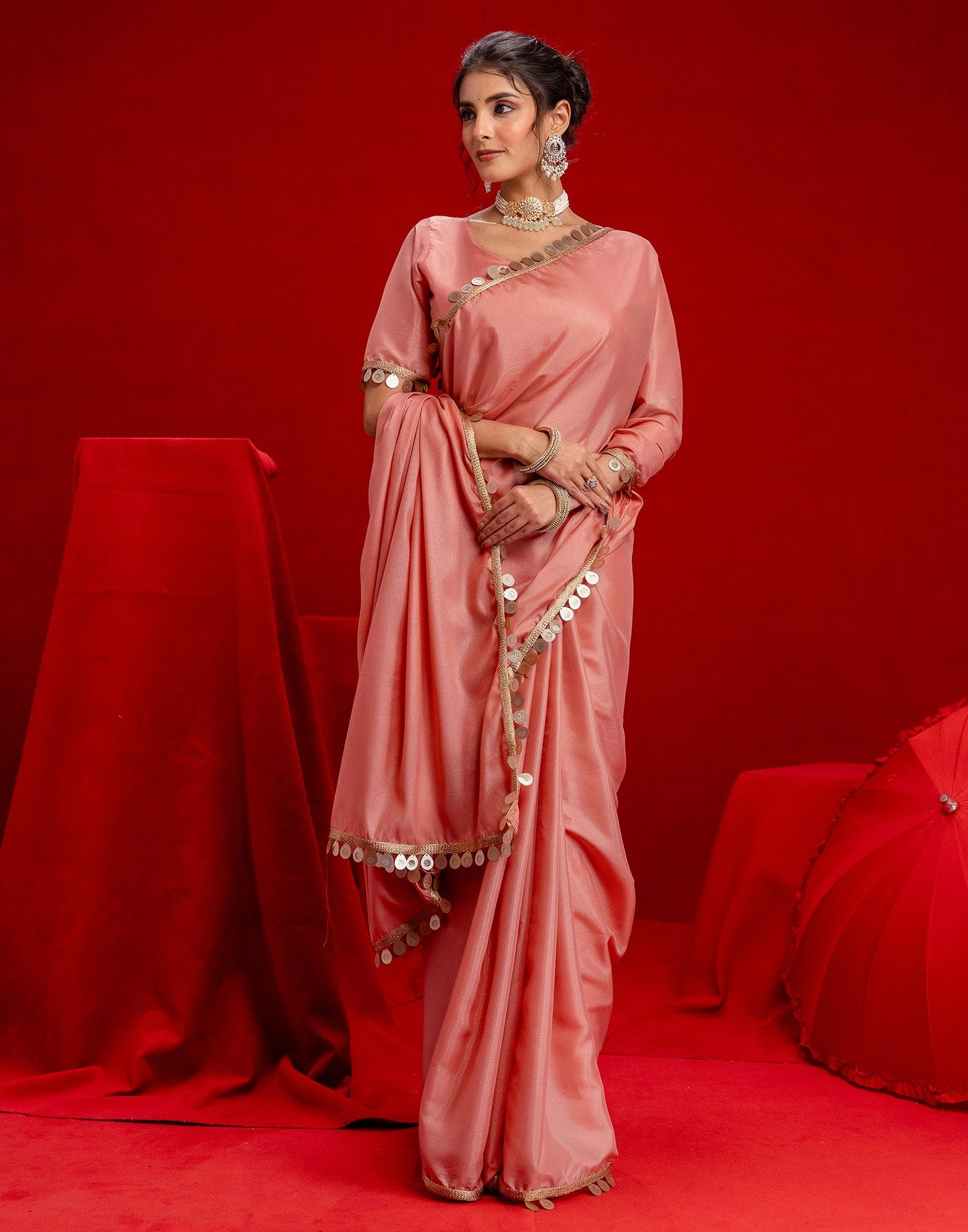 Dusty Peach Shimmer Lace Saree