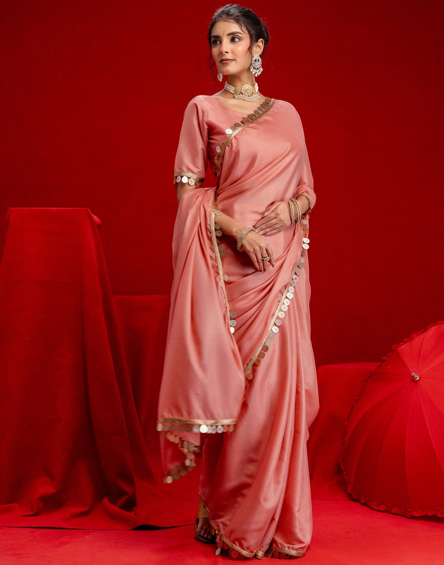 Dusty Peach Shimmer Lace Saree