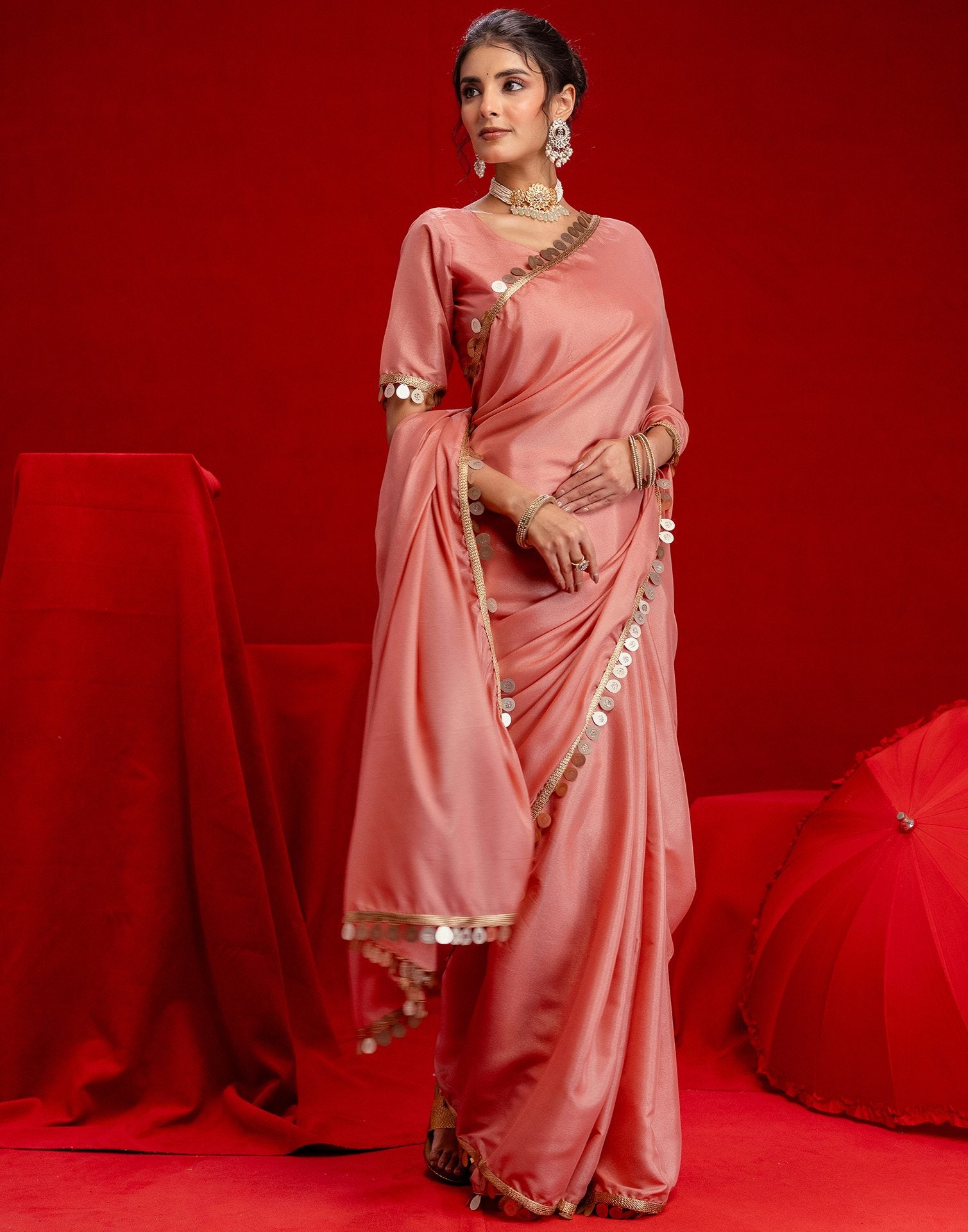 Dusty Peach Shimmer Lace Saree