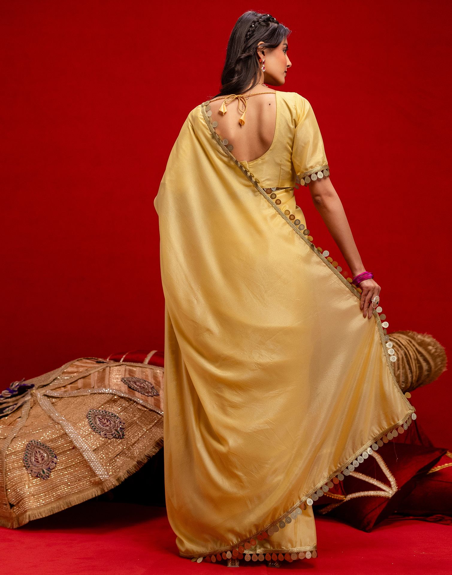 Dusty Golden Shimmer Lace Saree