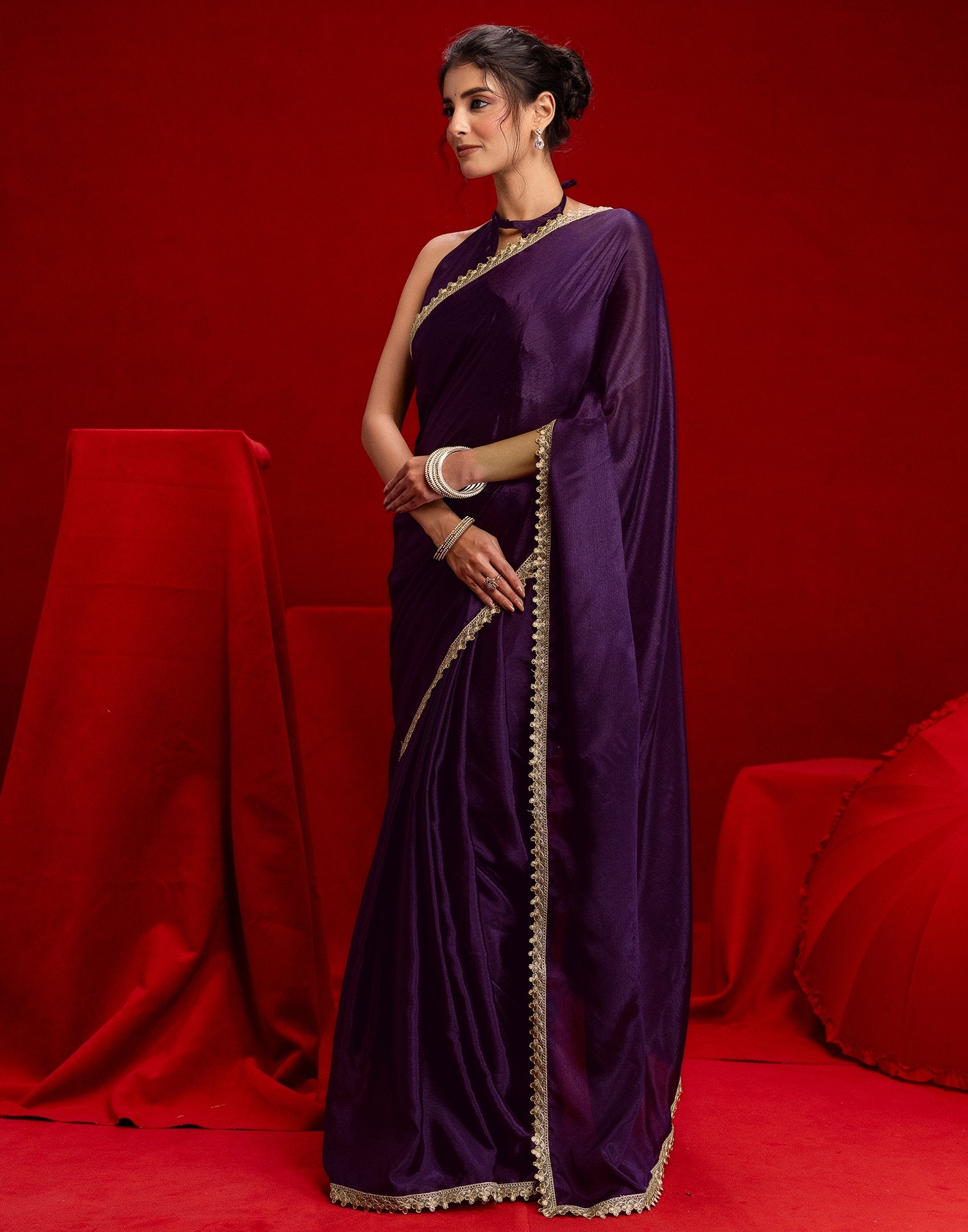 Dark Purple Chinon Lace Saree