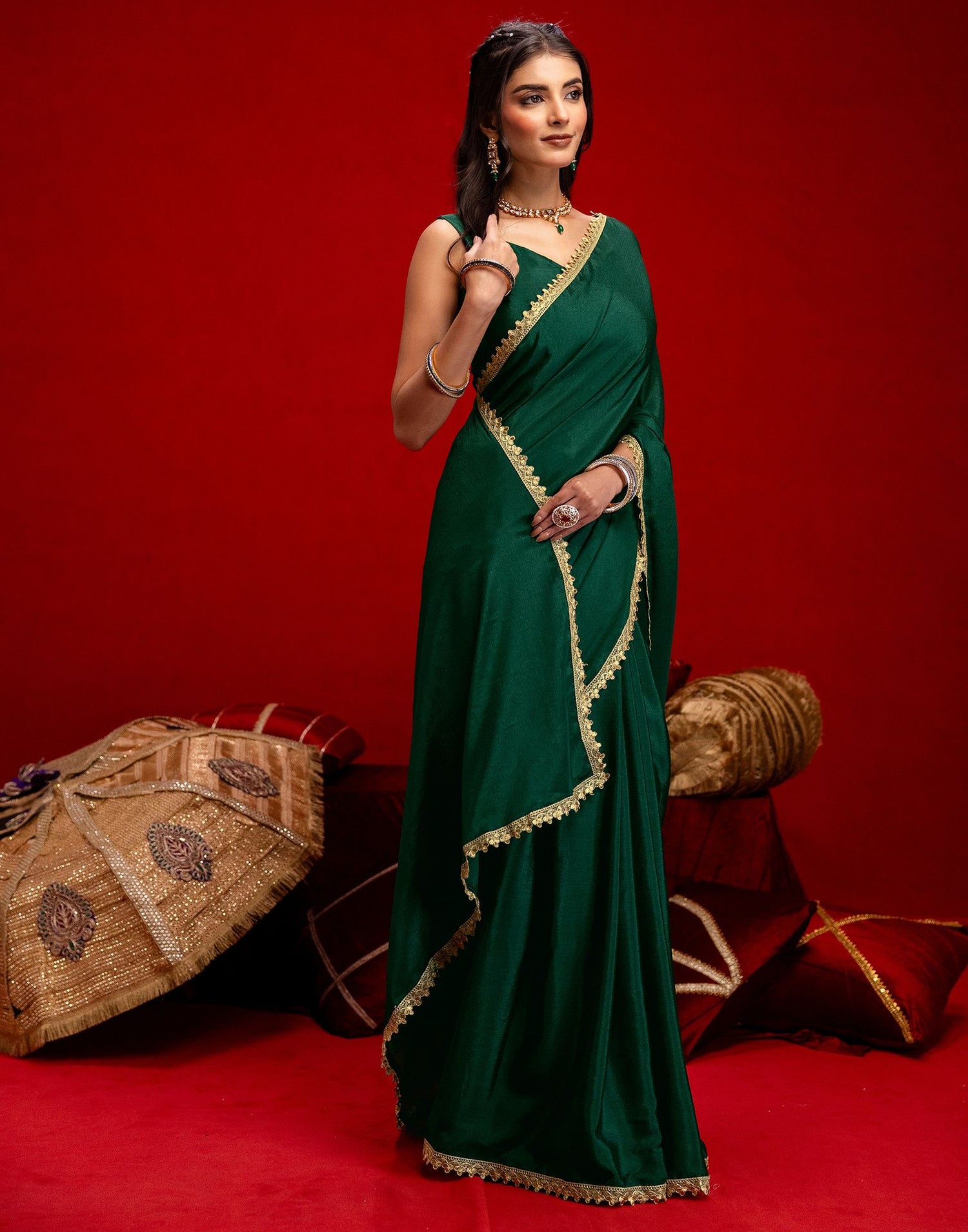 Dark Green Chinon Lace Saree