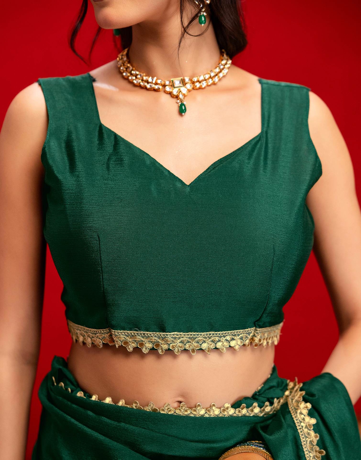Dark Green Chinon Lace Saree