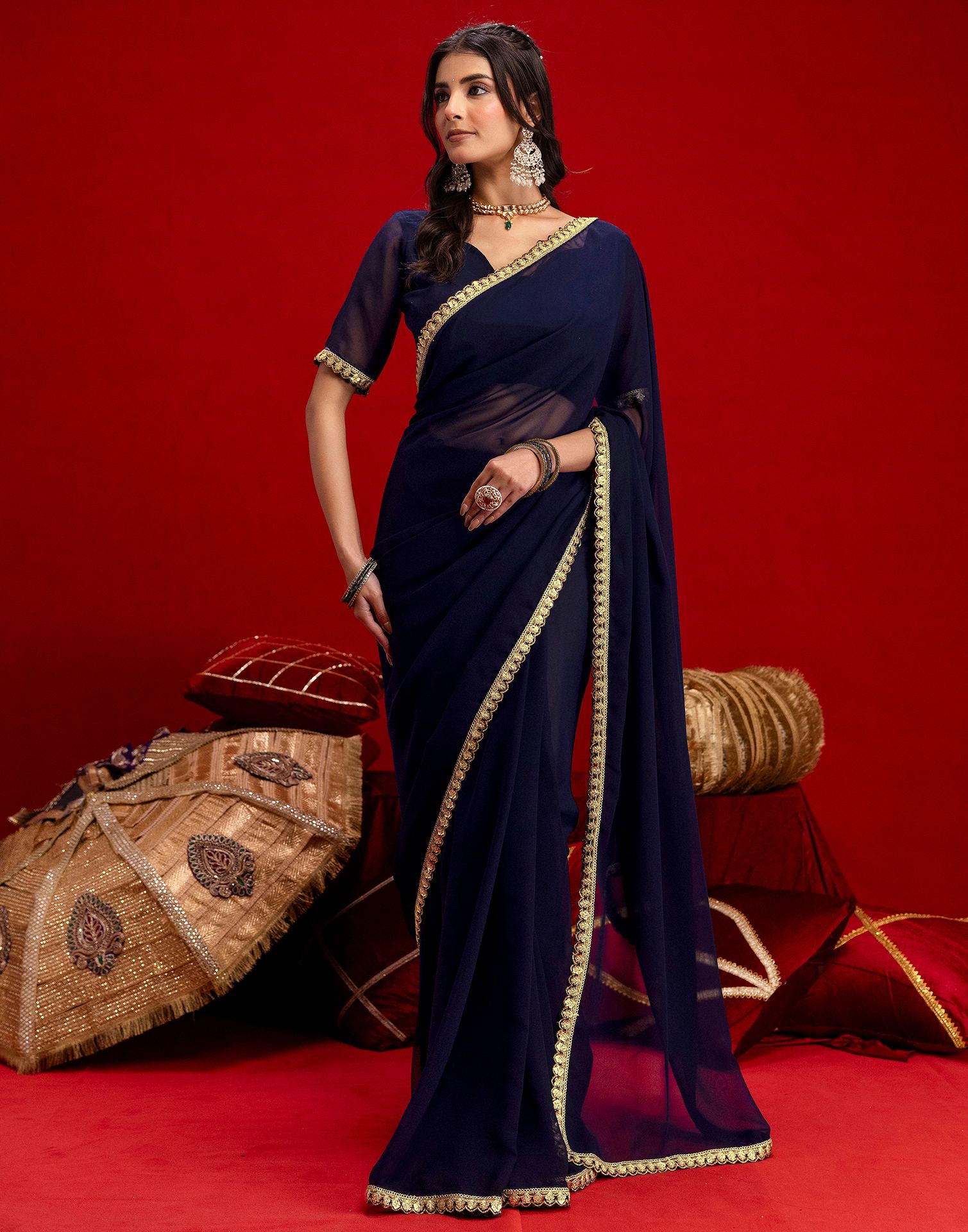Navy Blue Georgette Sequence Embroidery Lace Saree