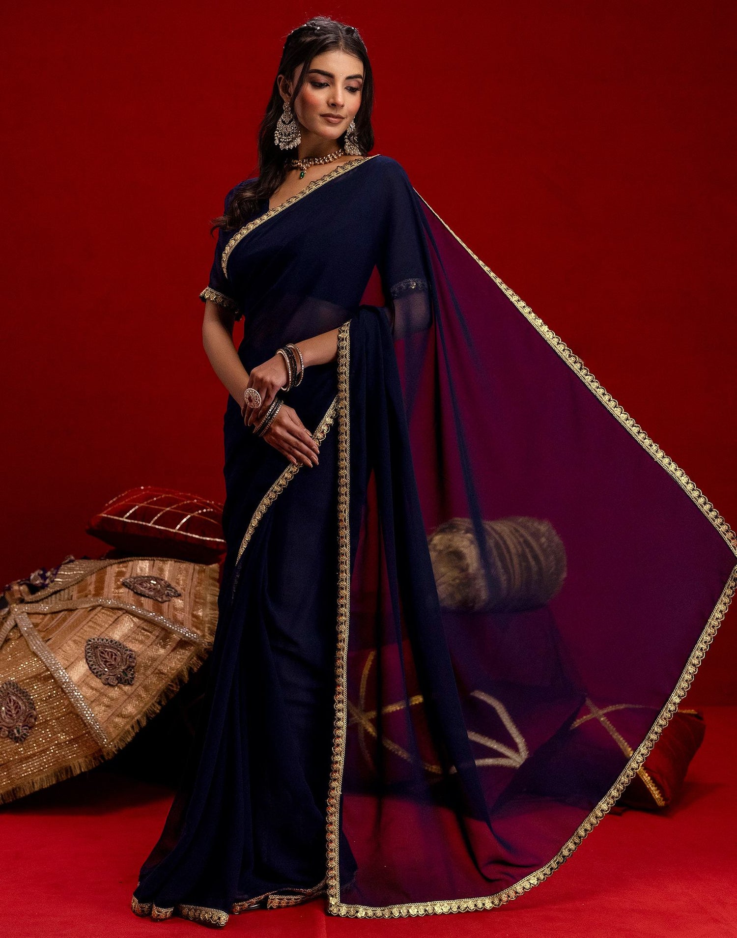 Navy Blue Georgette Sequence Embroidery Lace Saree