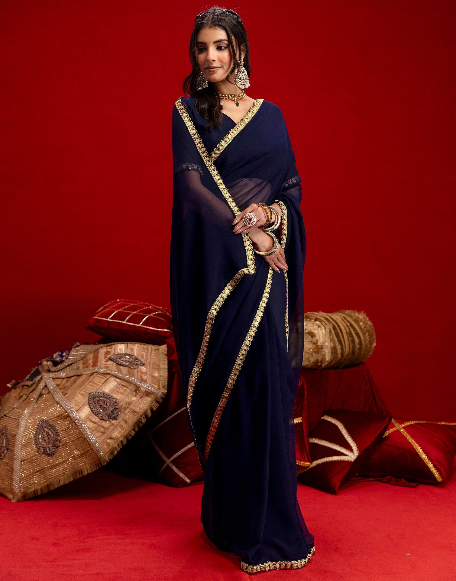 Navy Blue Georgette Sequence Embroidery Lace Saree