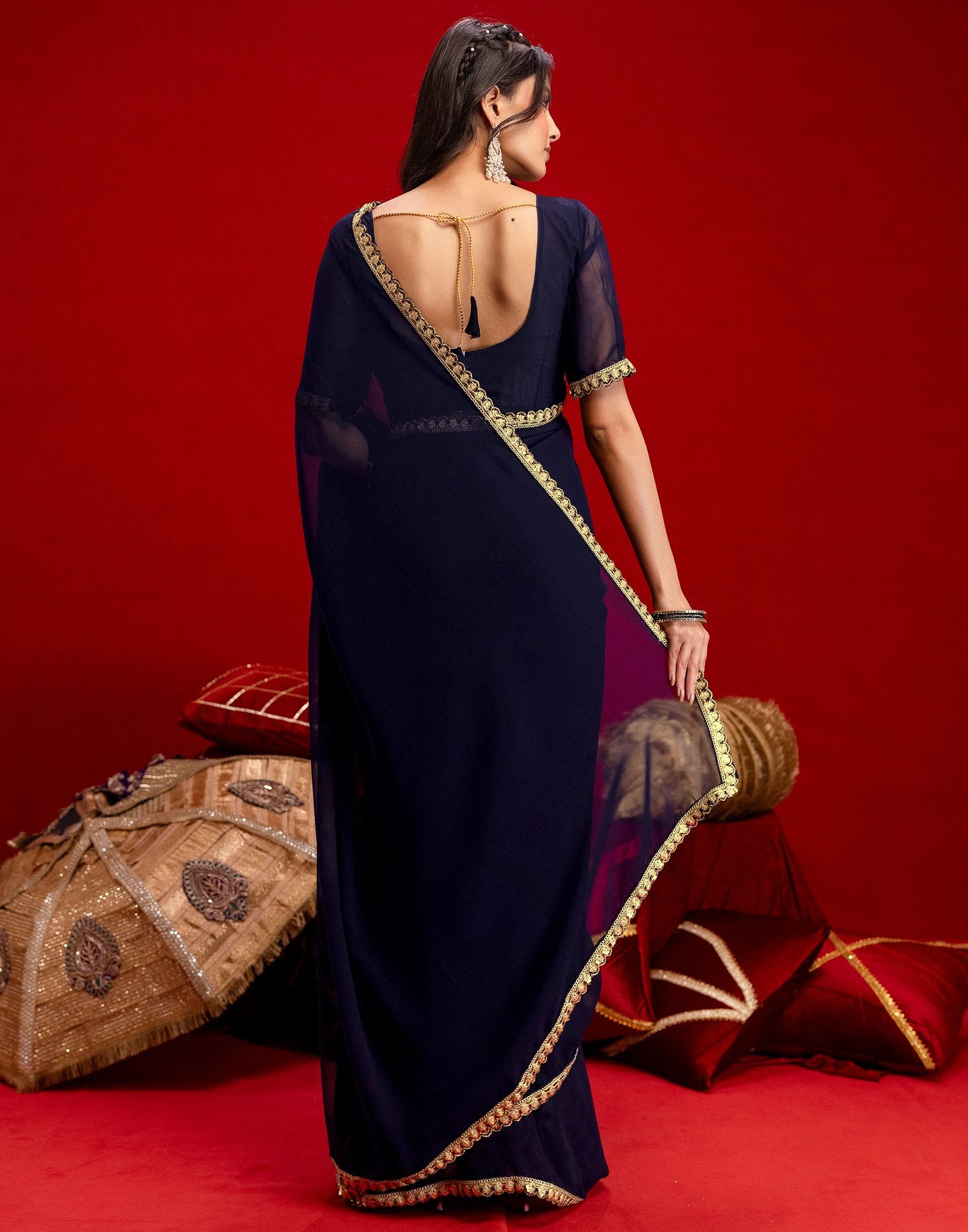 Navy Blue Georgette Sequence Embroidery Lace Saree
