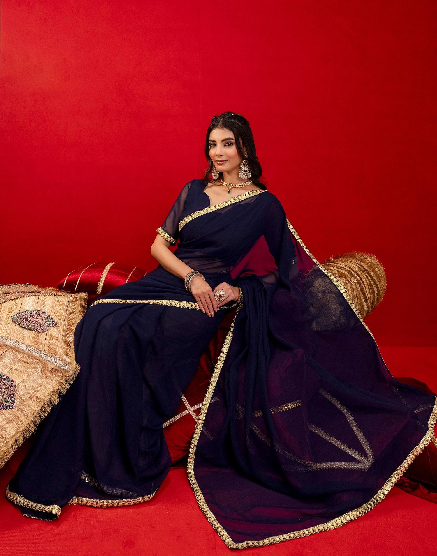 Navy Blue Georgette Sequence Embroidery Lace Saree