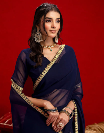 Navy Blue Georgette Sequence Embroidery Lace Saree