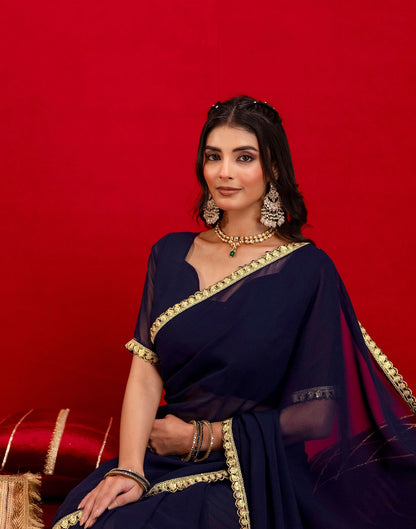Navy Blue Georgette Sequence Embroidery Lace Saree