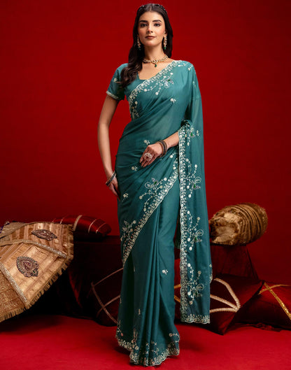 Dusty Teal Blue Shimmer Sequence Embroidery Saree