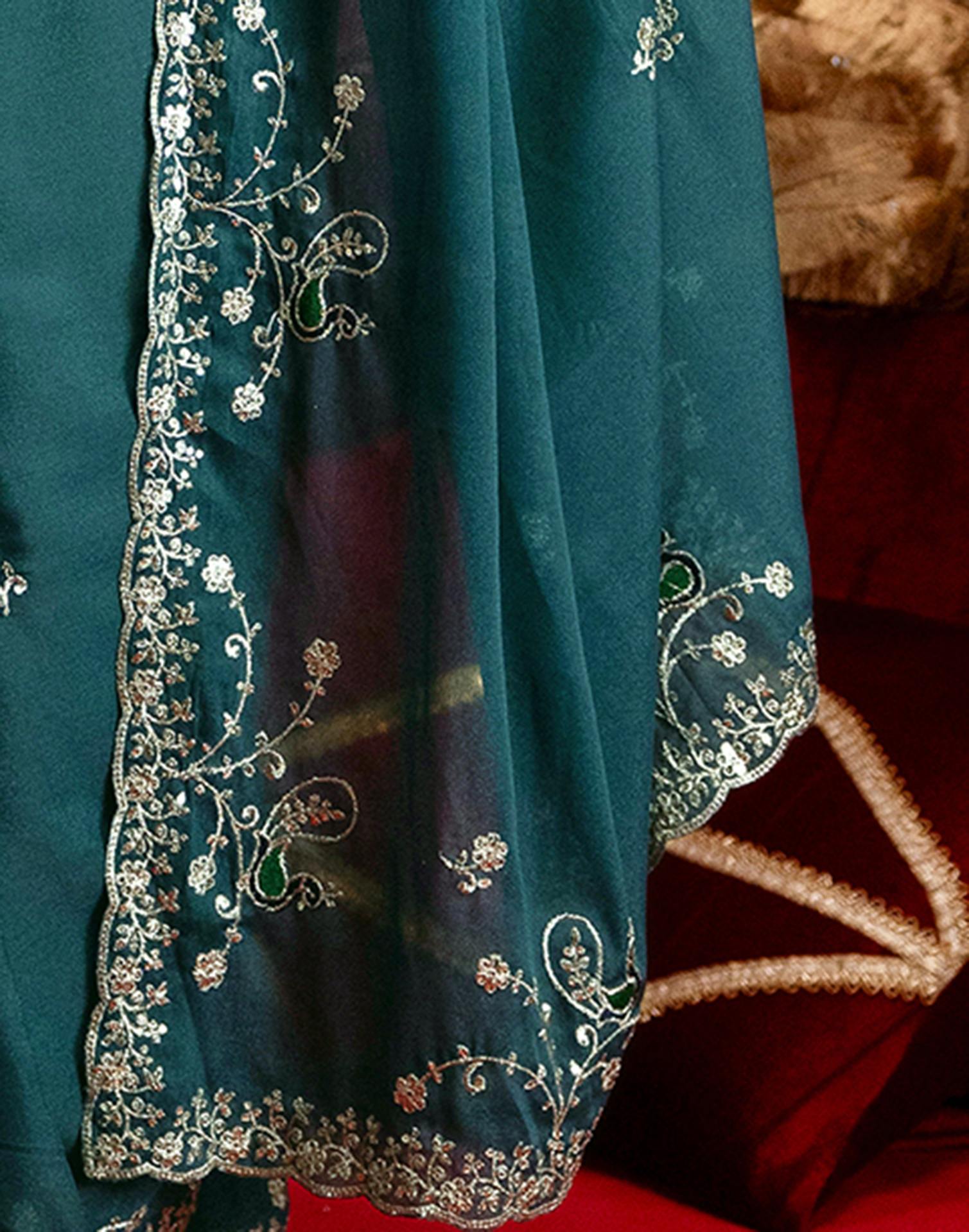 Dusty Teal Blue Shimmer Sequence Embroidery Saree