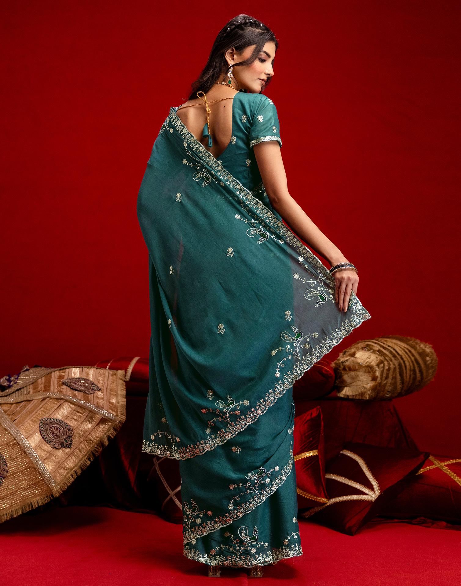 Dusty Teal Blue Shimmer Sequence Embroidery Saree