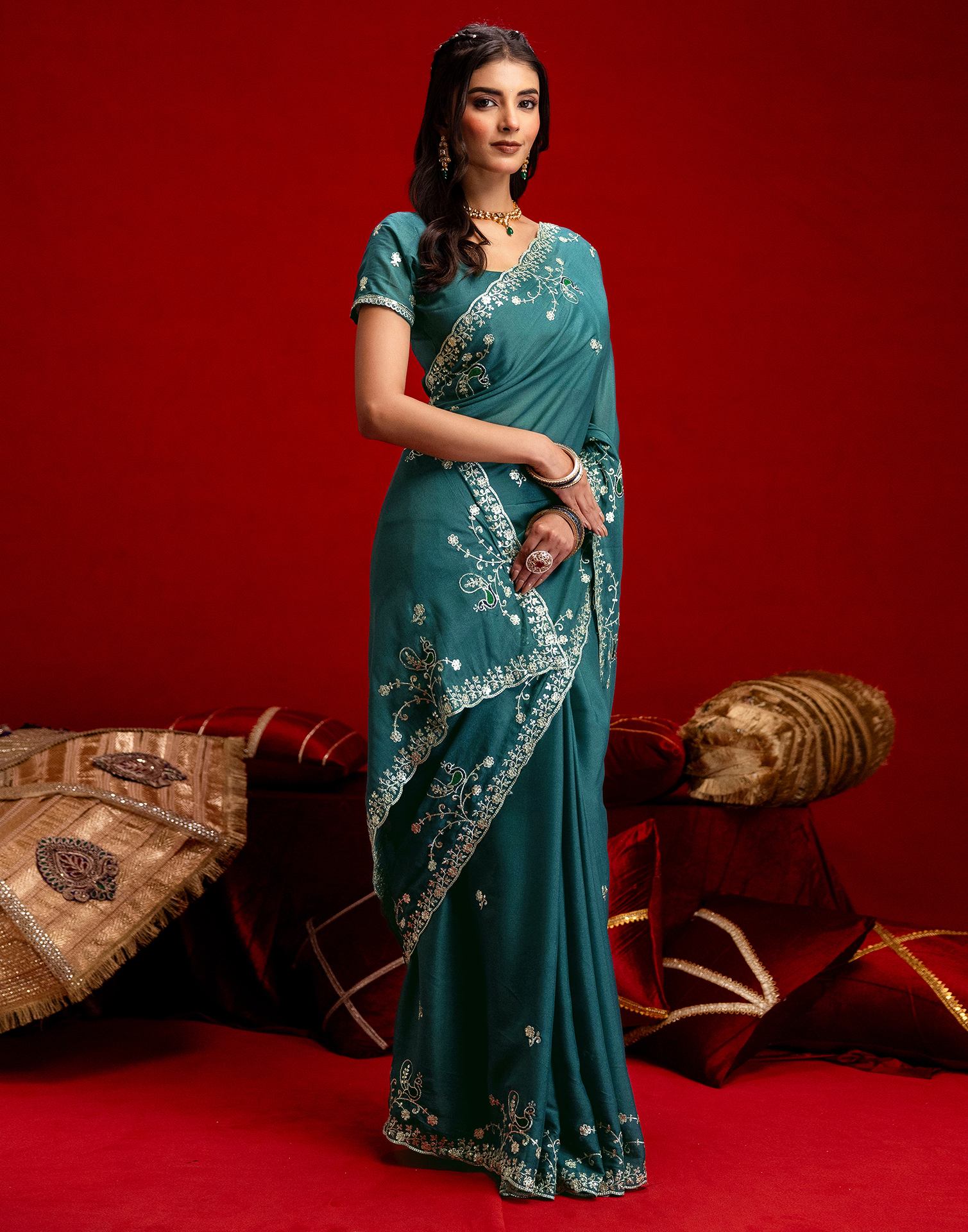 Dusty Teal Blue Shimmer Sequence Embroidery Saree