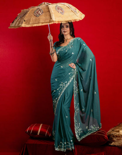 Dusty Teal Blue Shimmer Sequence Embroidery Saree
