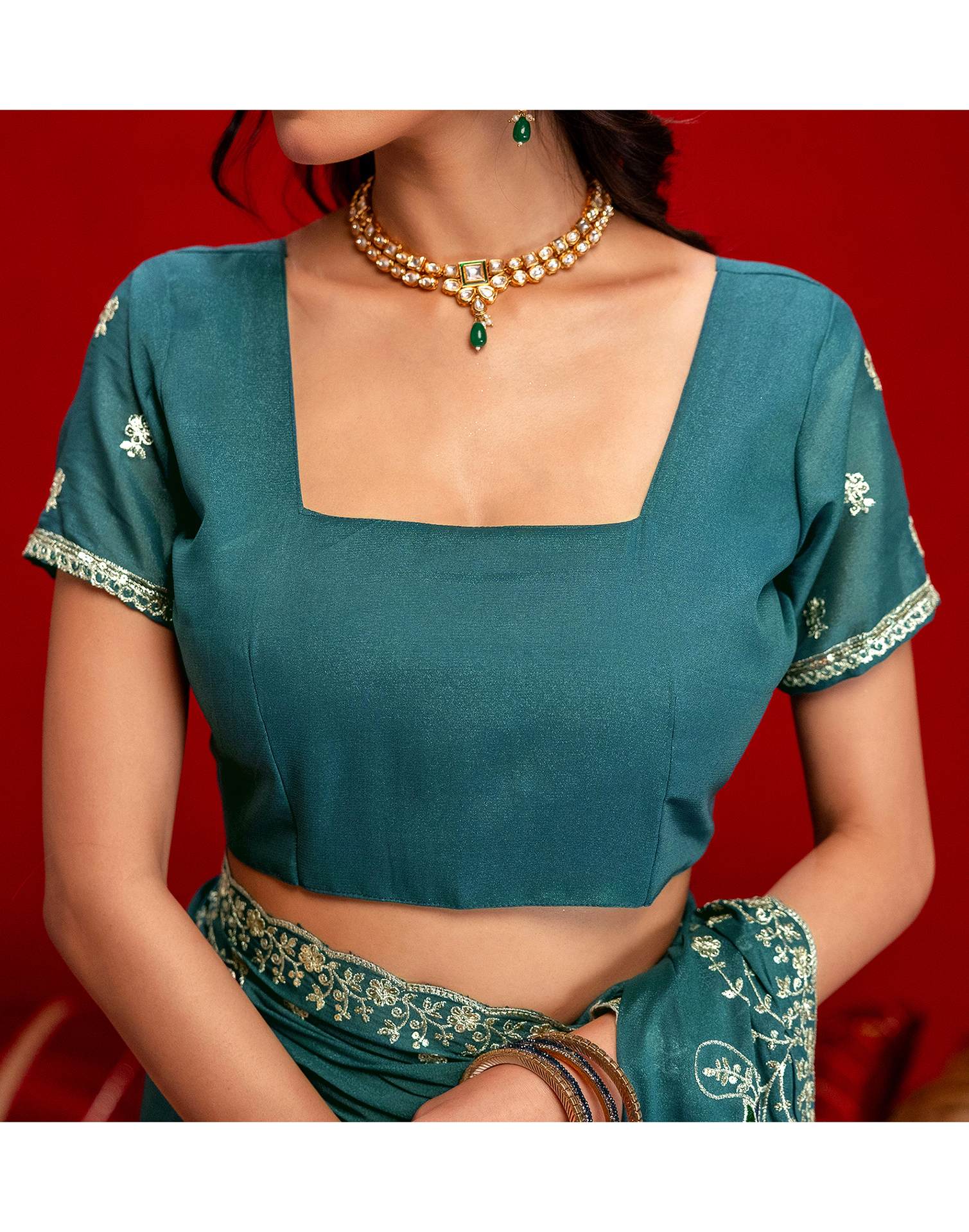 Dusty Teal Blue Shimmer Sequence Embroidery Saree