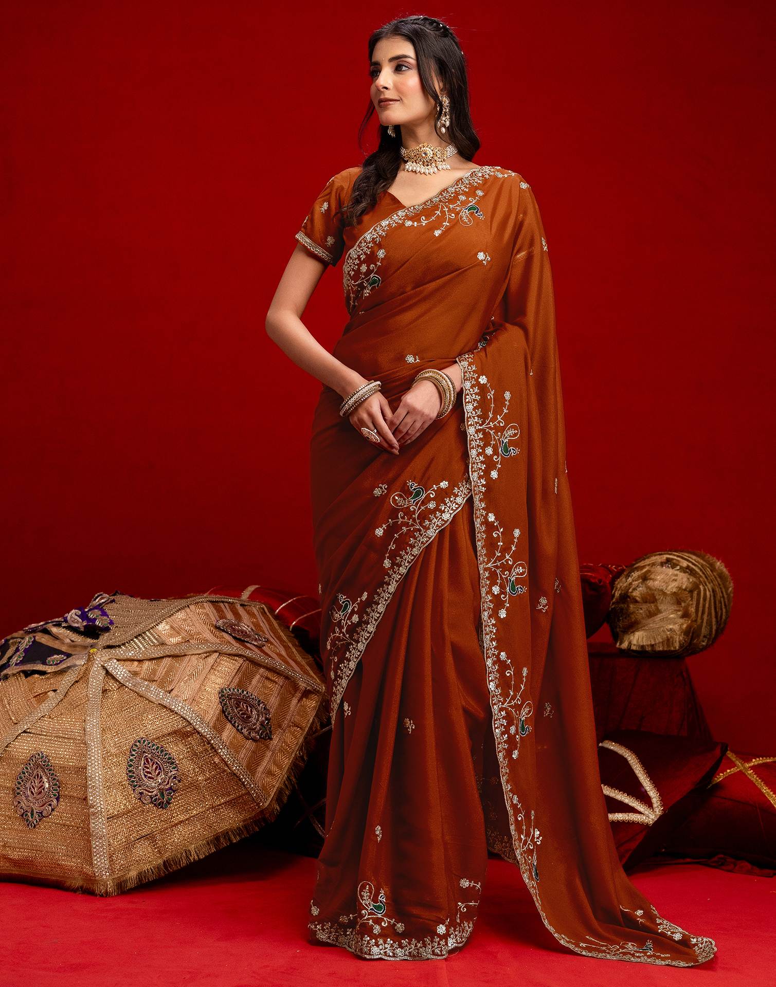 Rust Shimmer Sequence Embroidery Saree