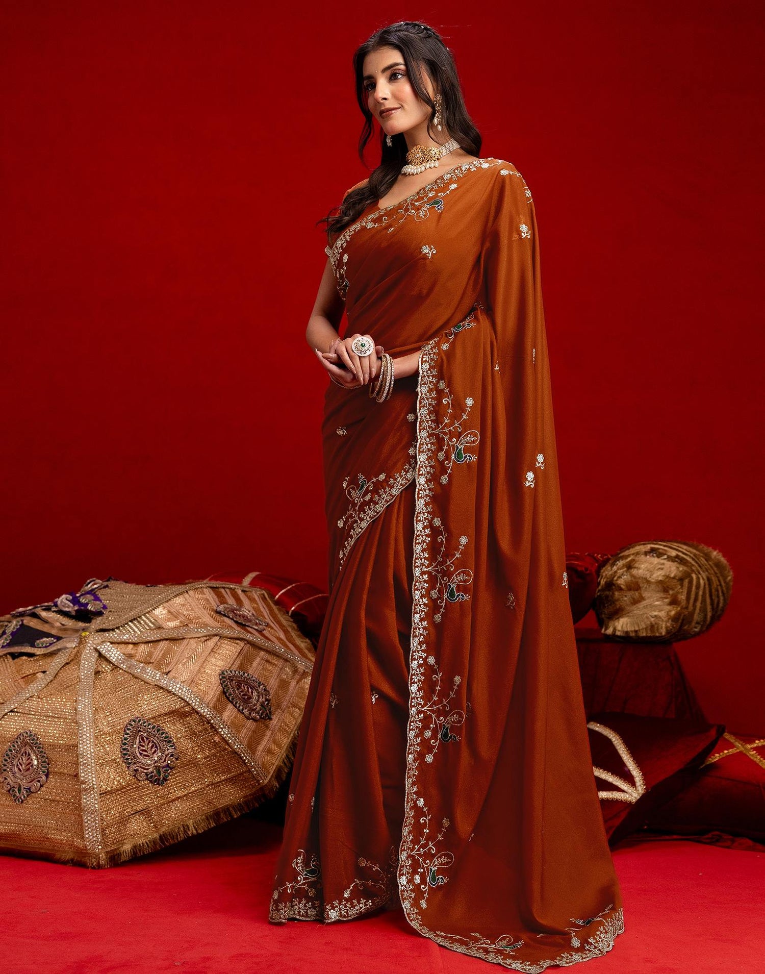 Rust Shimmer Sequence Embroidery Saree