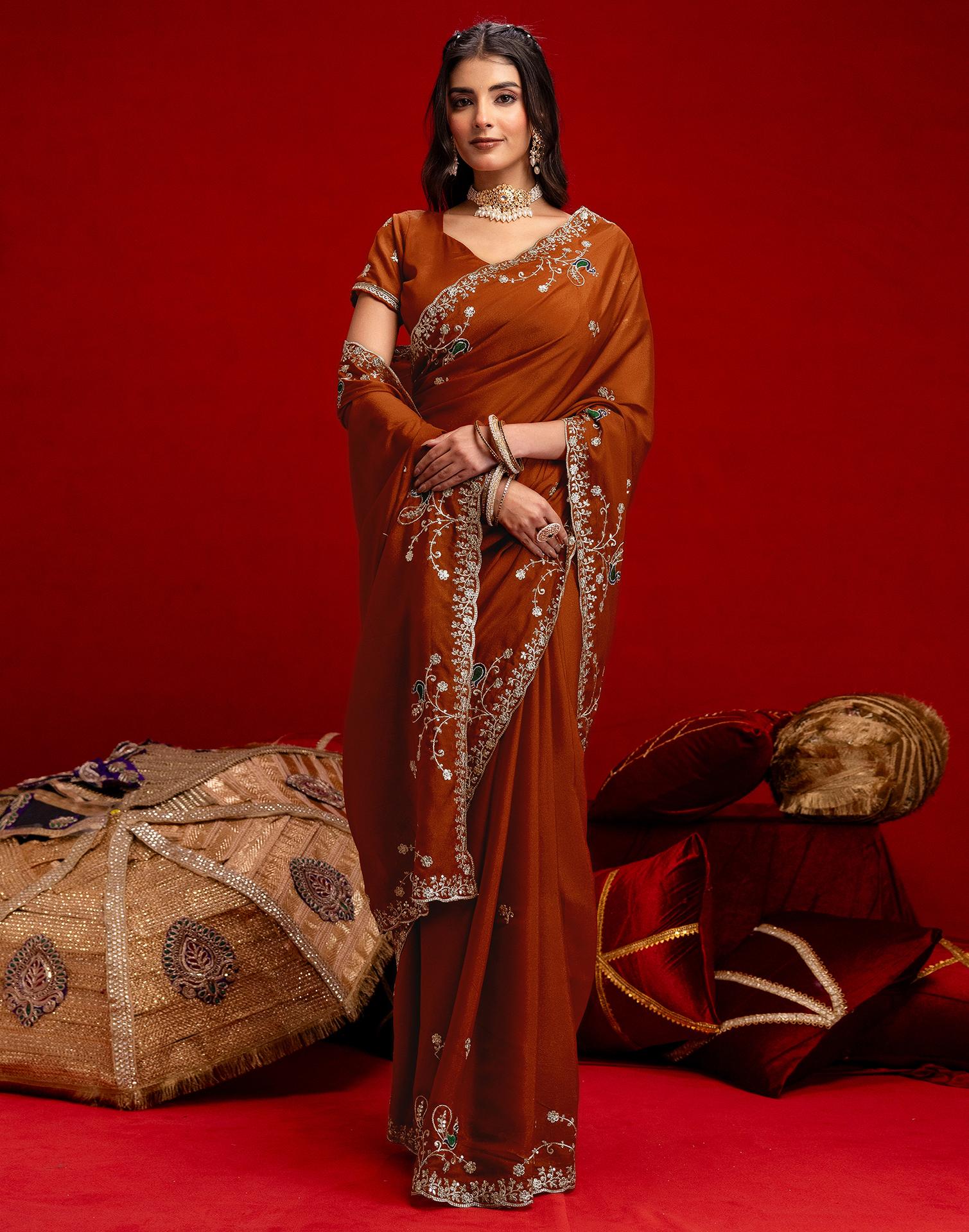 Rust Shimmer Sequence Embroidery Saree