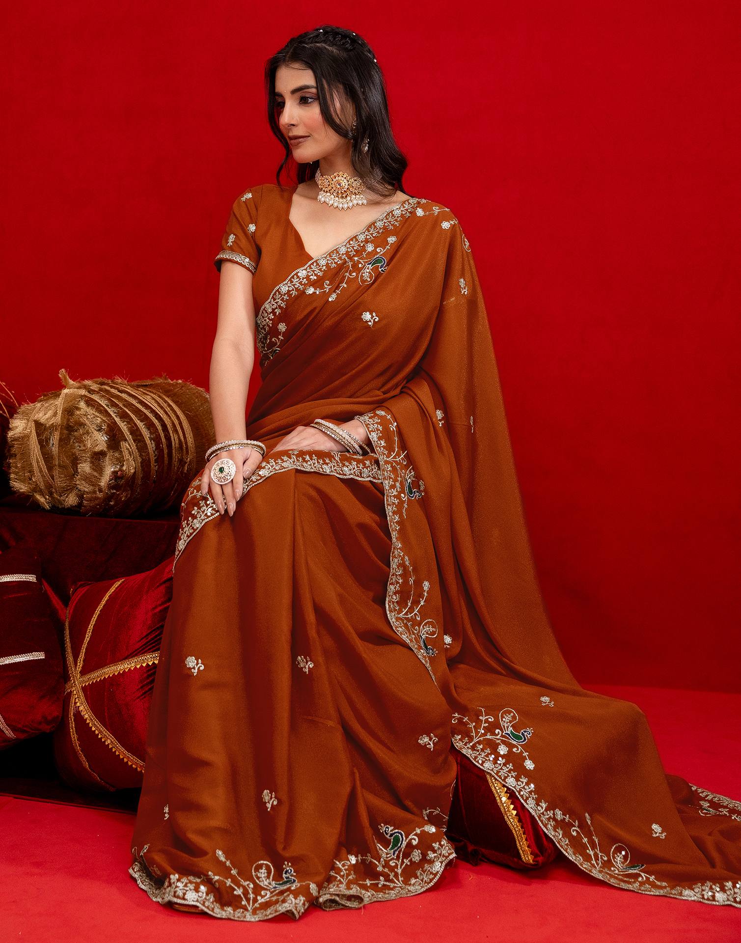 Rust Shimmer Sequence Embroidery Saree