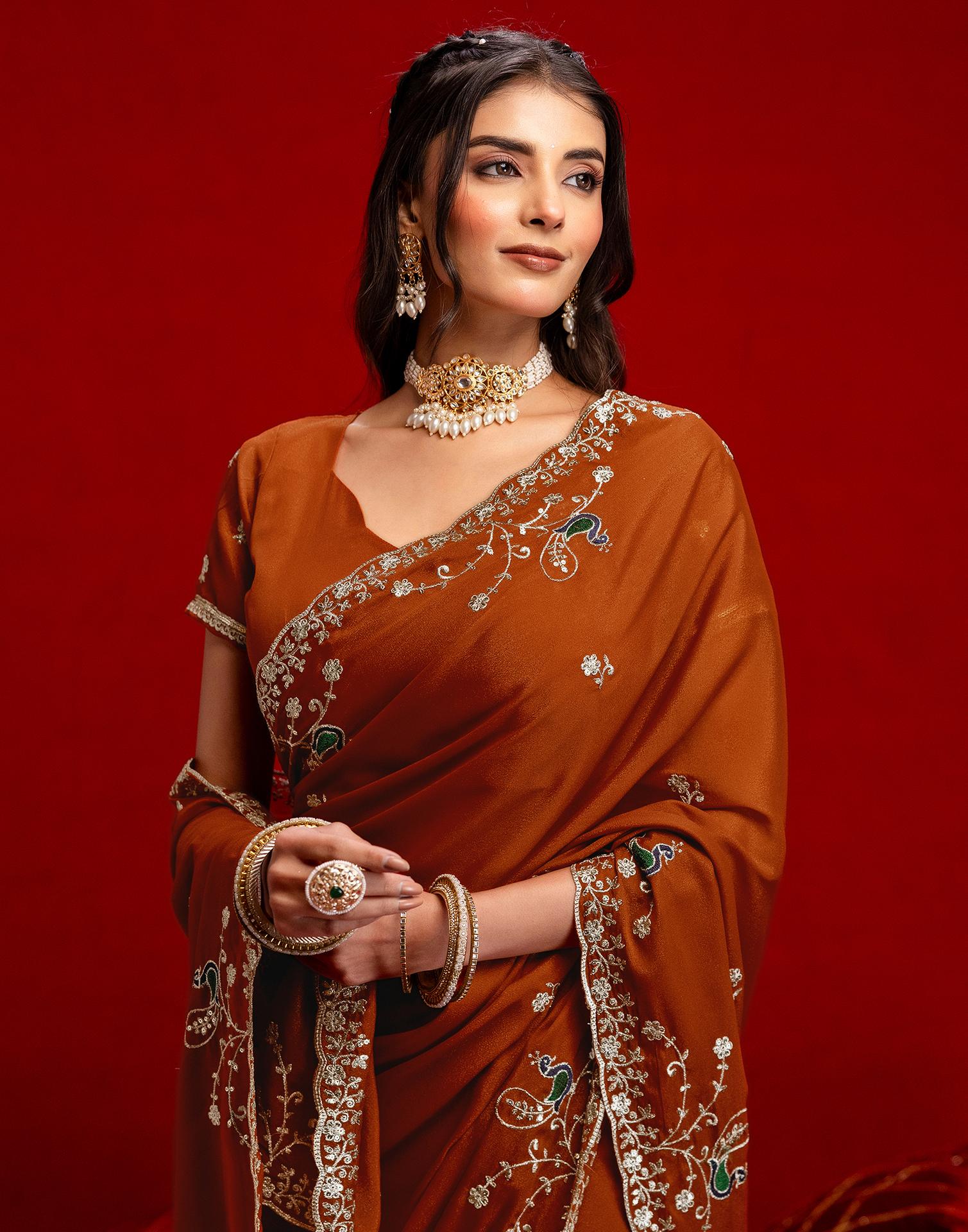 Rust Shimmer Sequence Embroidery Saree