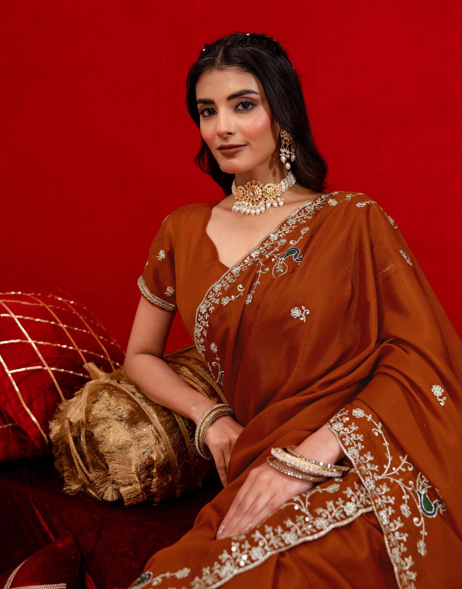 Rust Shimmer Sequence Embroidery Saree
