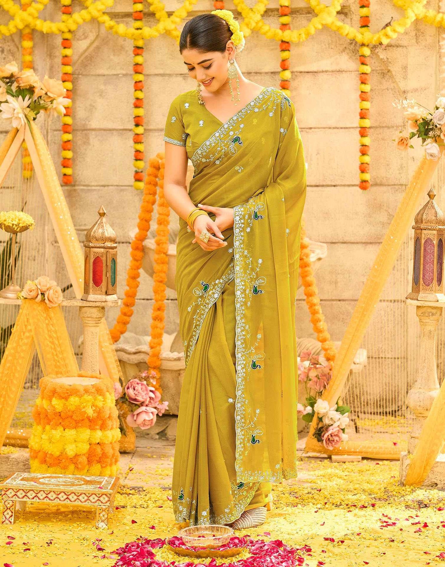 Mustard Yellow Shimmer Sequence Embroidery Saree