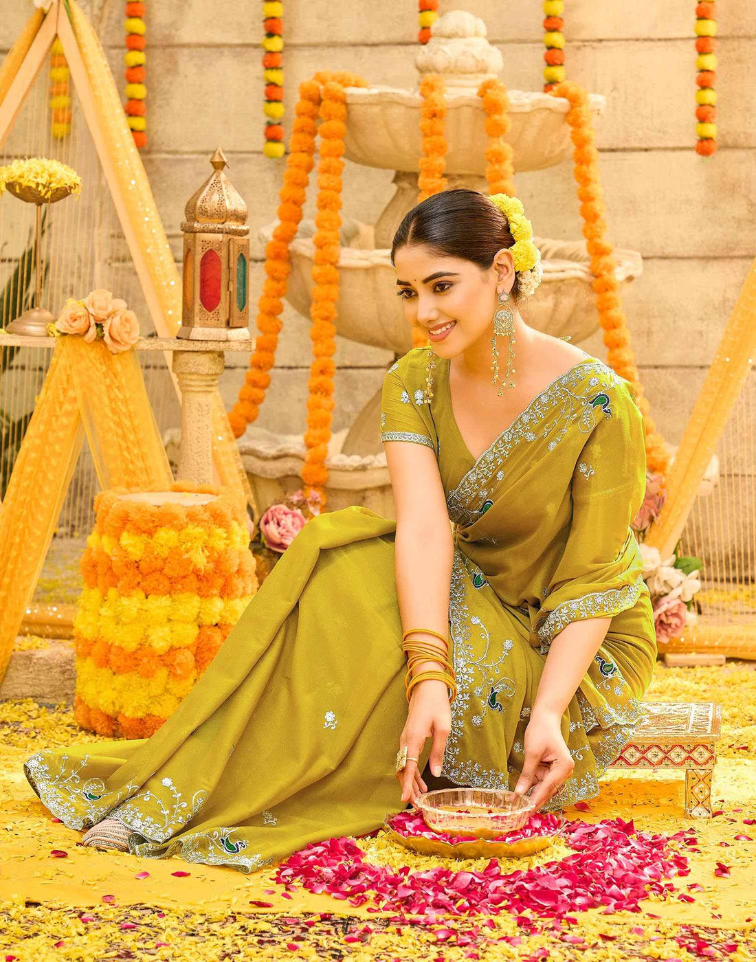 Mustard Yellow Shimmer Sequence Embroidery Saree