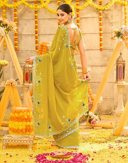 Mustard Yellow Shimmer Sequence Embroidery Saree