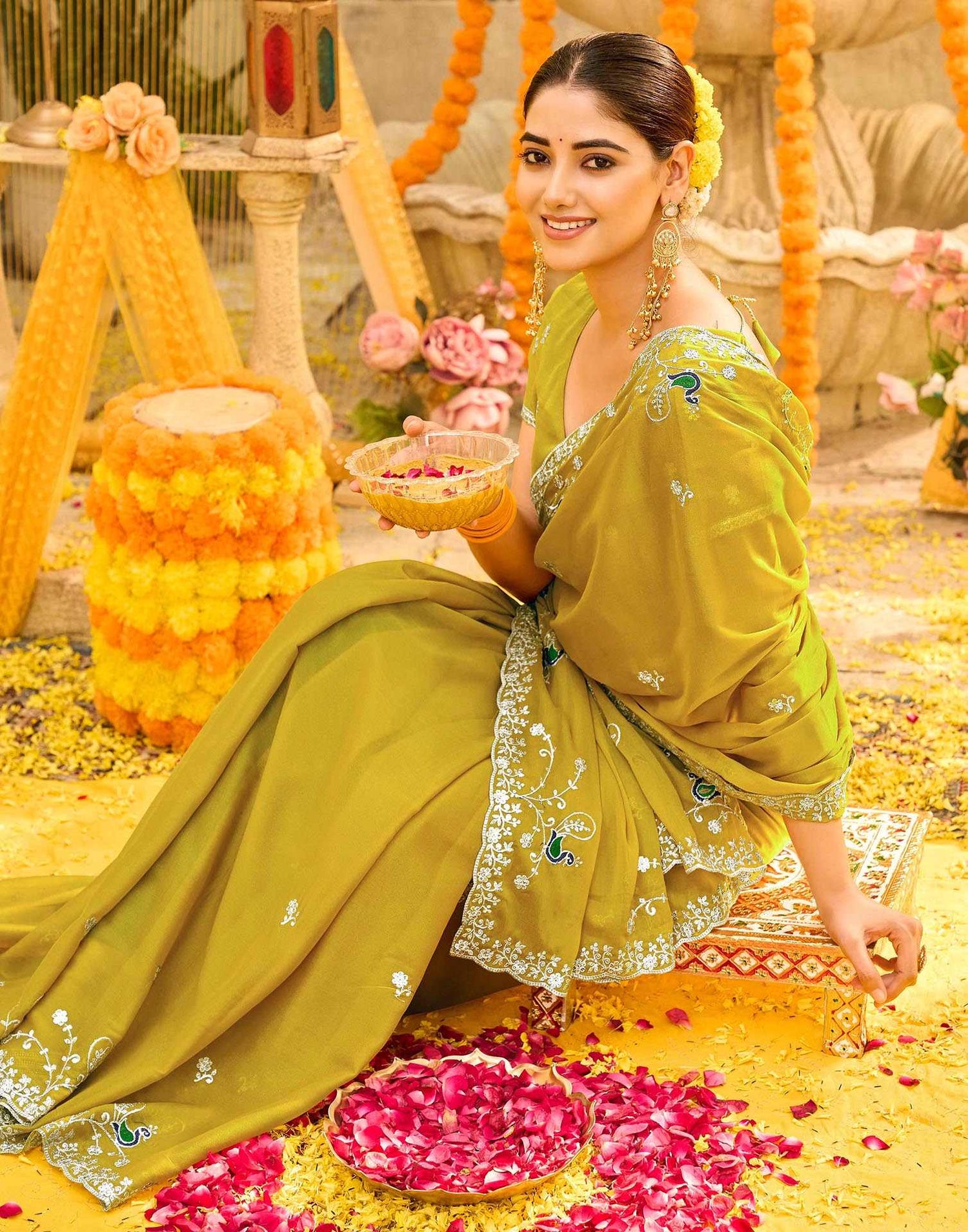 Mustard Yellow Shimmer Sequence Embroidery Saree