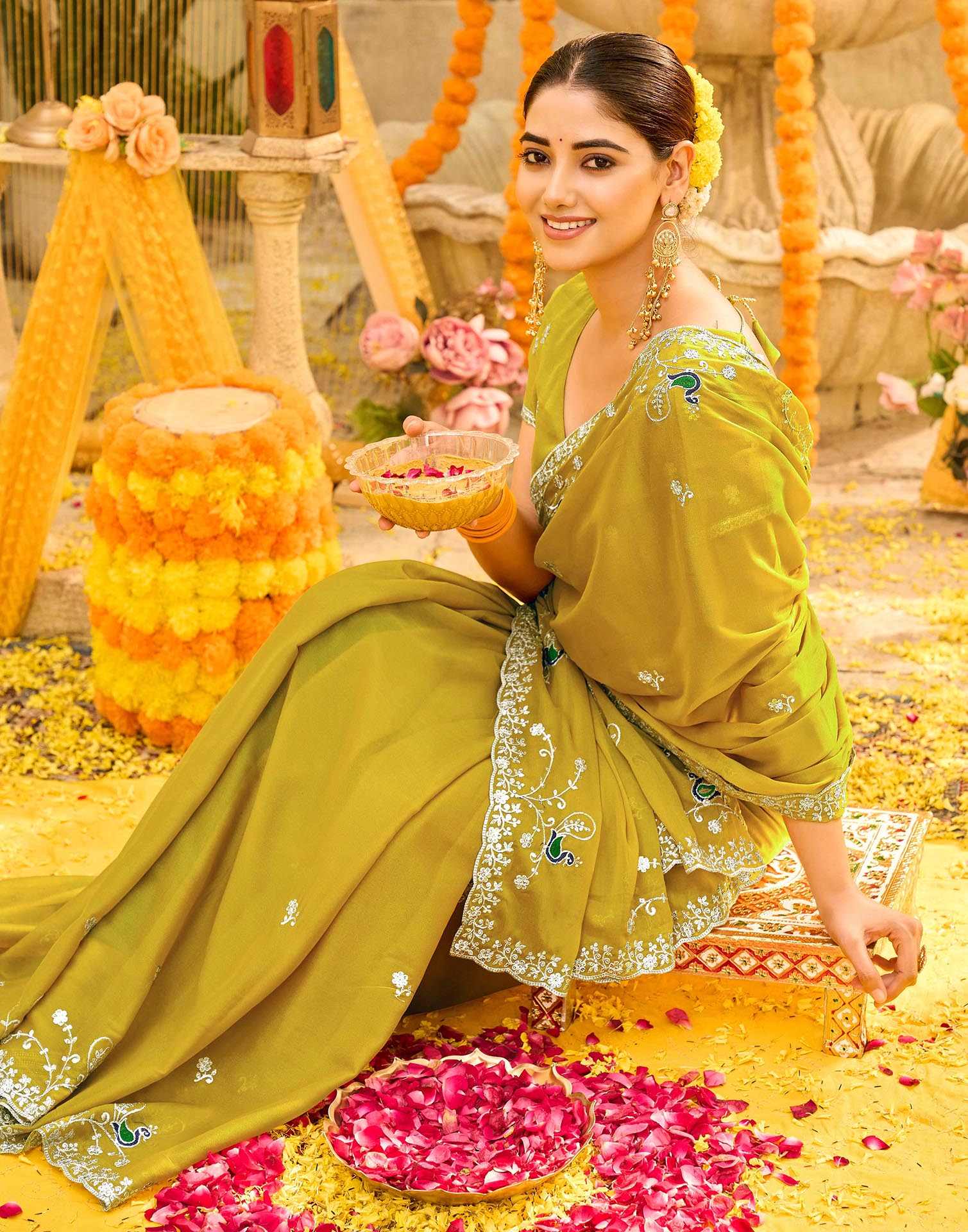 Mustard Yellow Shimmer Sequence Embroidery Saree