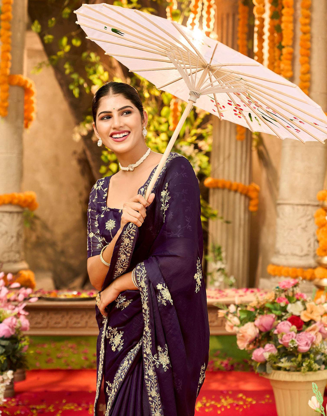 Wine Chiffon Sequence Embroidery Saree