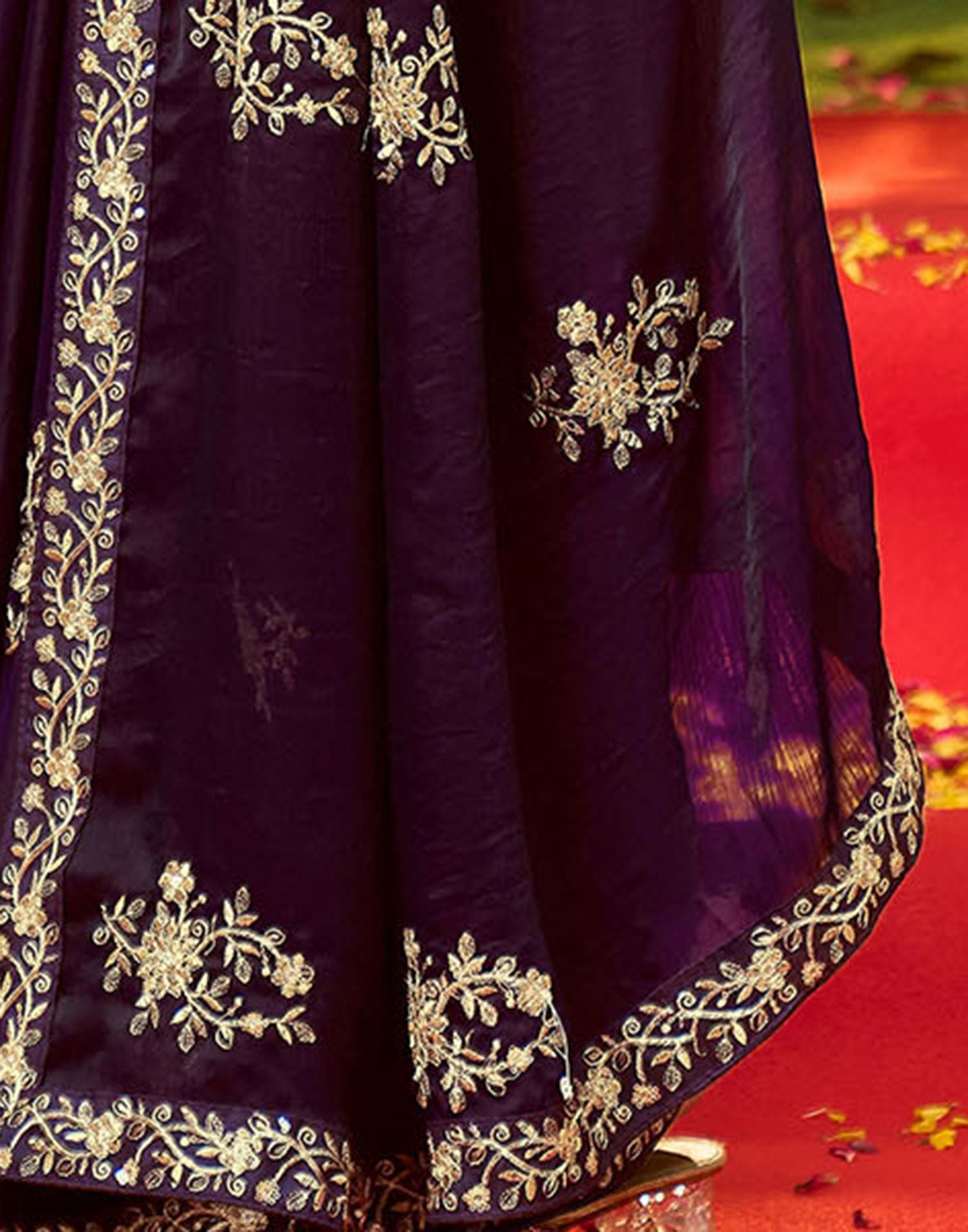 Wine Chiffon Sequence Embroidery Saree