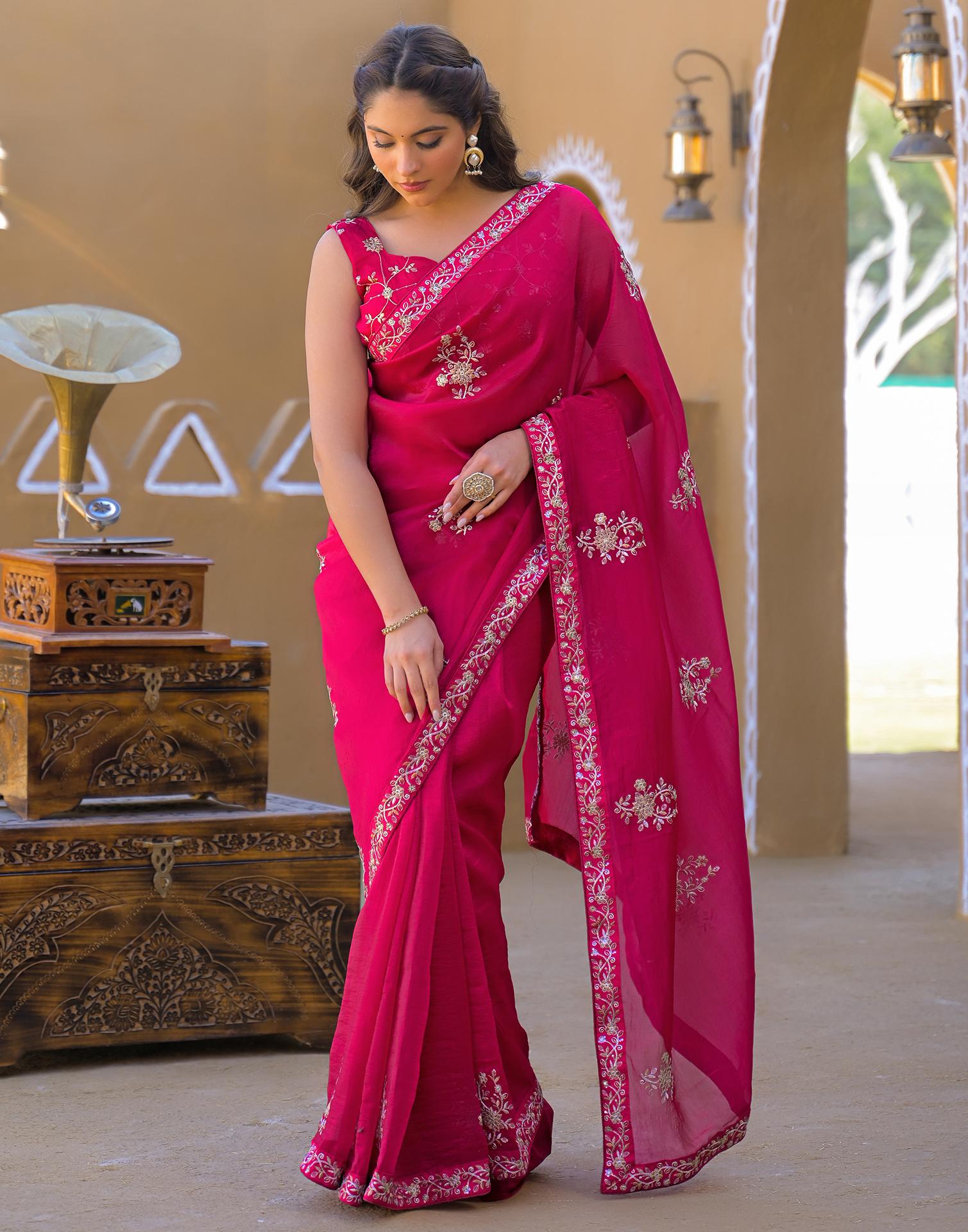 Dark Pink Chiffon Sequence Embroidery Saree