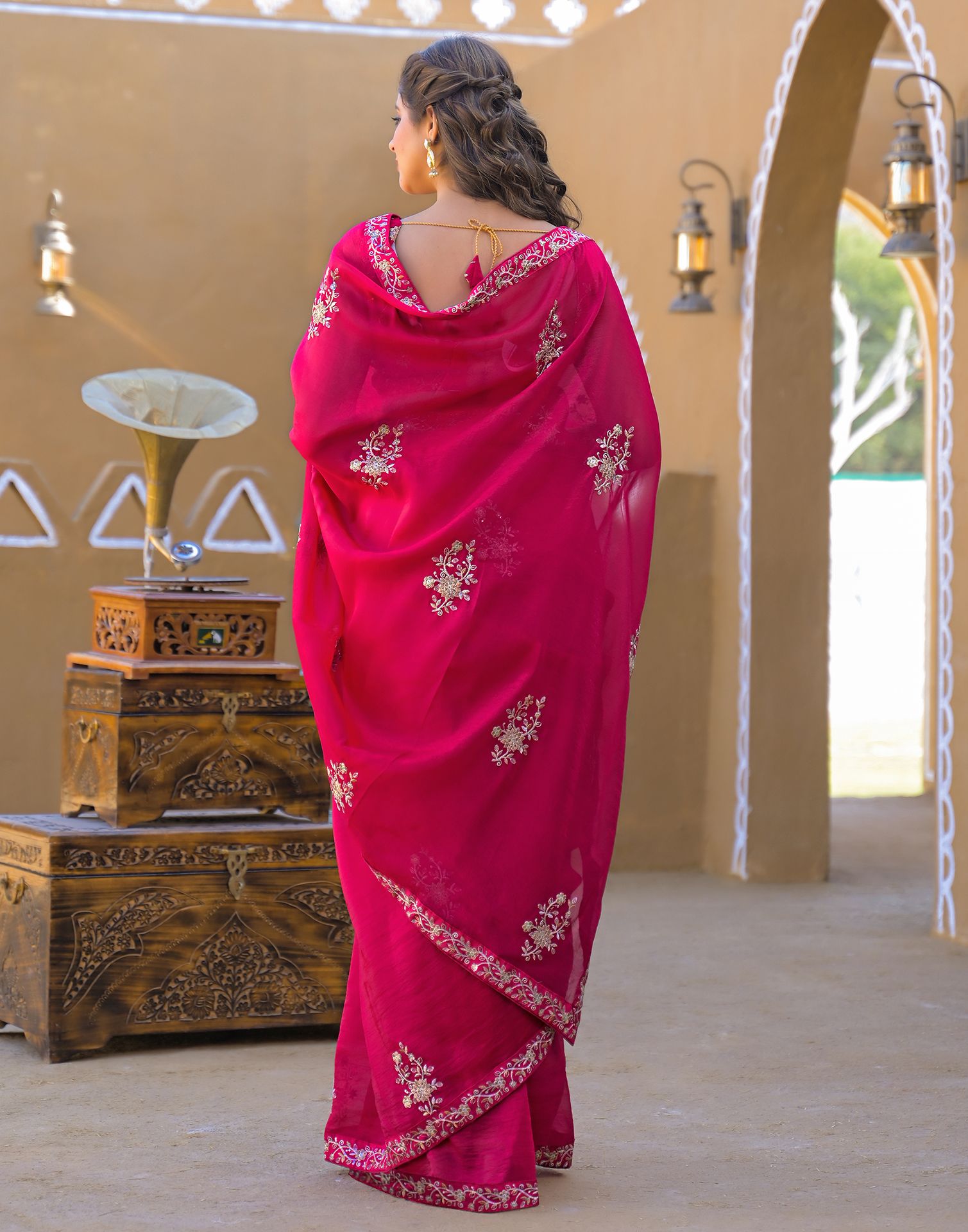 Dark Pink Chiffon Sequence Embroidery Saree
