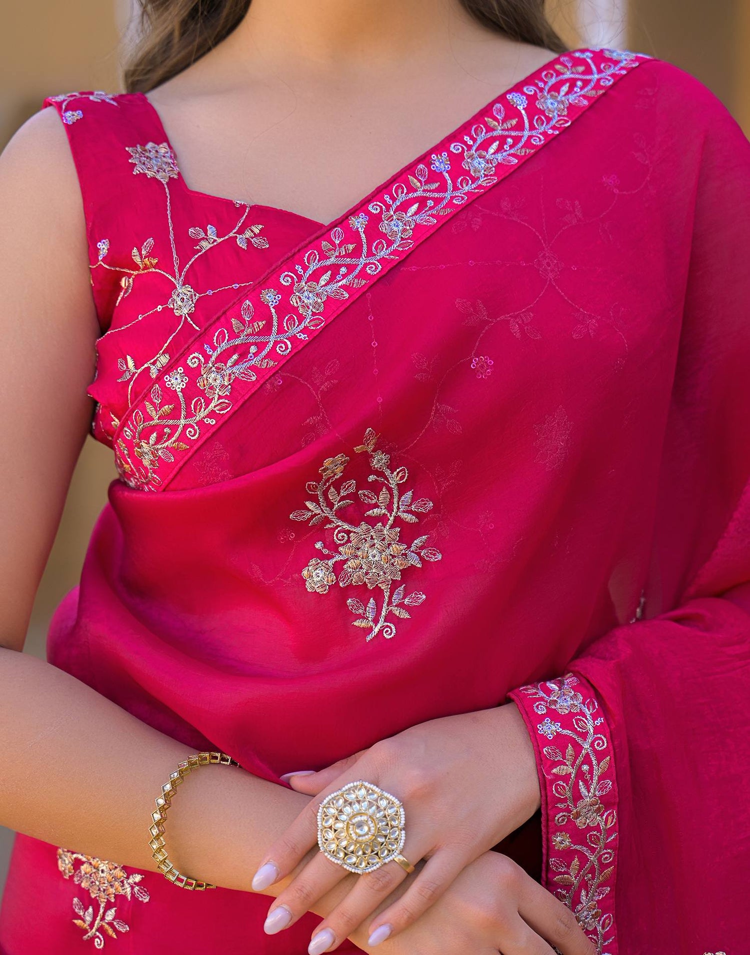 Dark Pink Chiffon Sequence Embroidery Saree