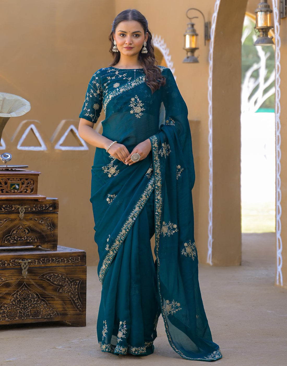 Teal Green Chiffon Sequence Embroidery Saree