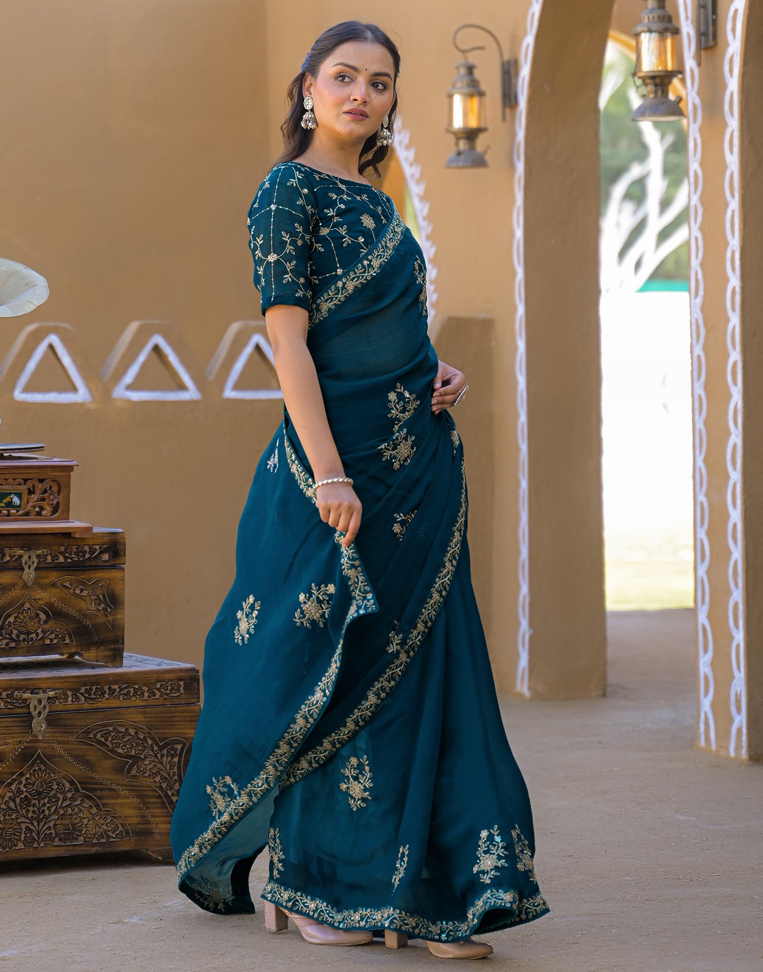 Teal Green Chiffon Sequence Embroidery Saree