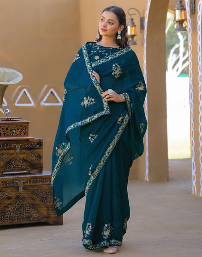 Teal Green Chiffon Sequence Embroidery Saree