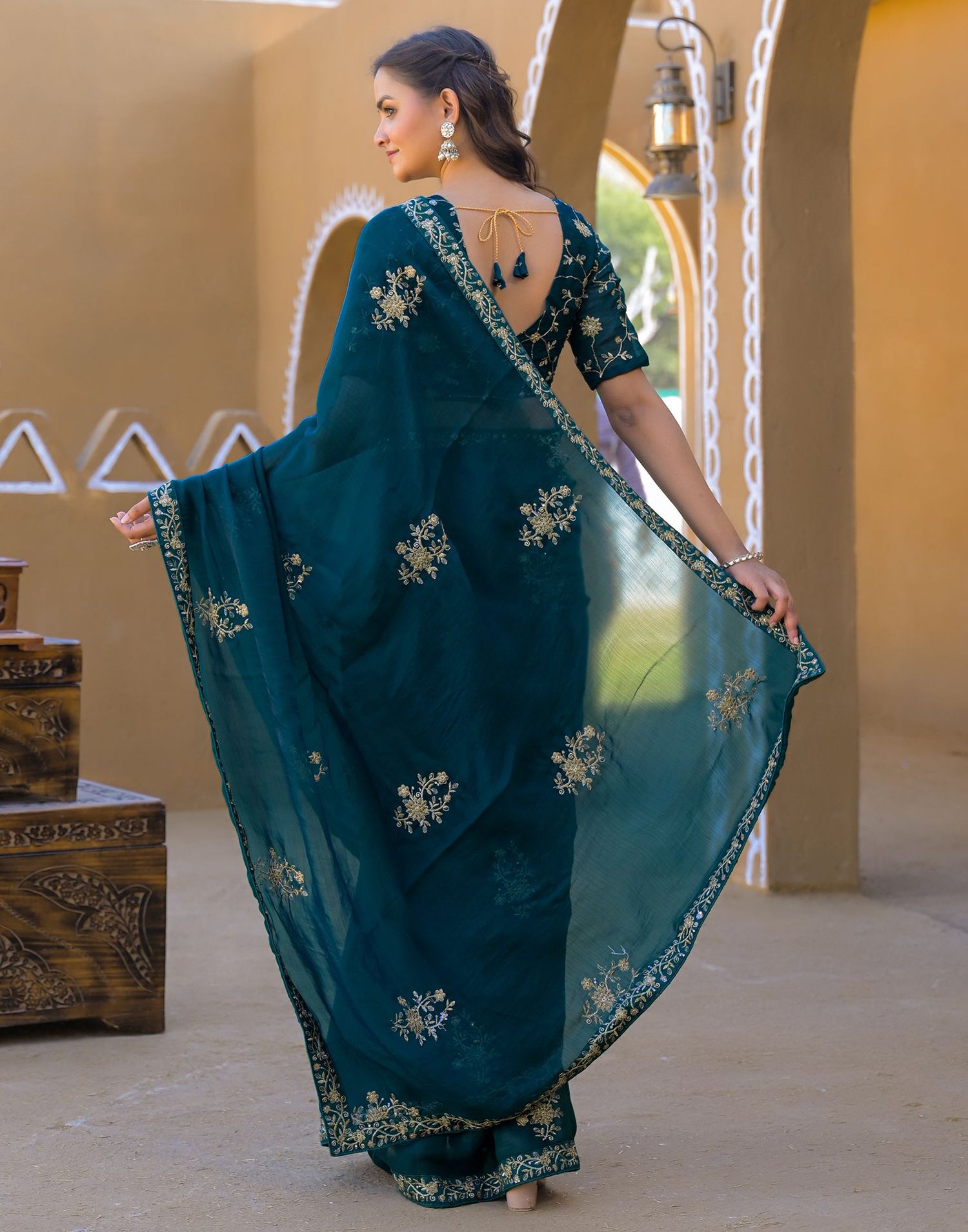 Teal Green Chiffon Sequence Embroidery Saree