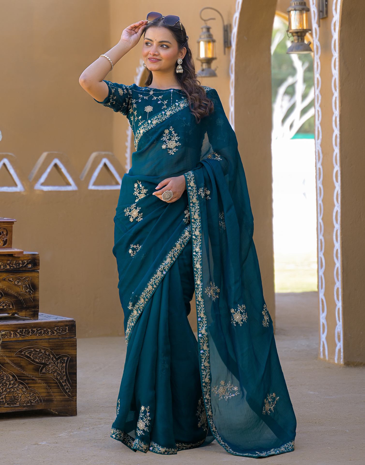 Teal Green Chiffon Sequence Embroidery Saree